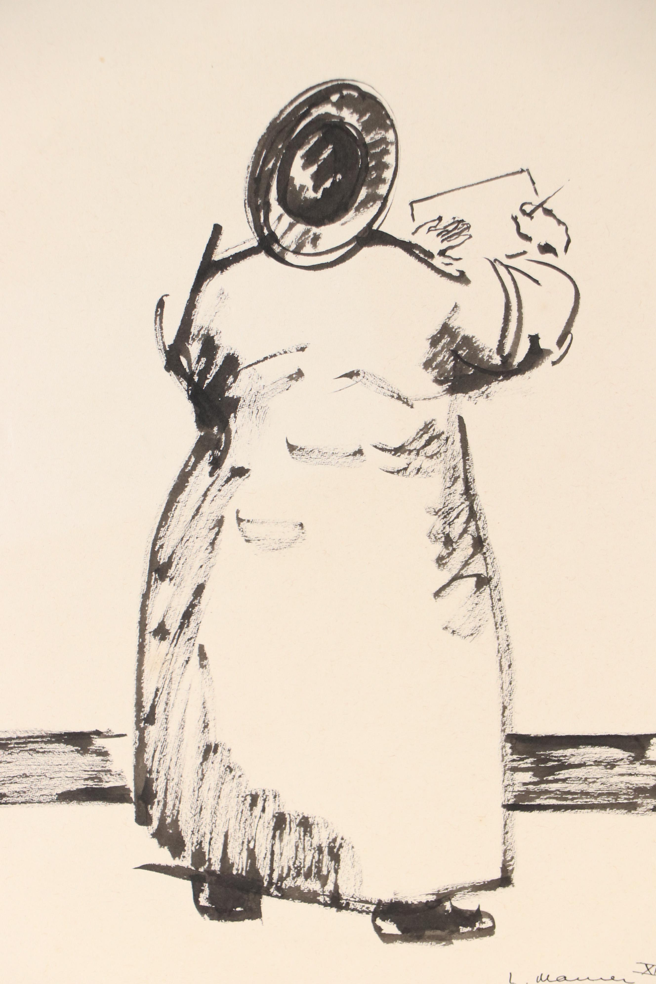 Leonard Maurer Modern Figural Ink Wash Painting "Paris," 1954