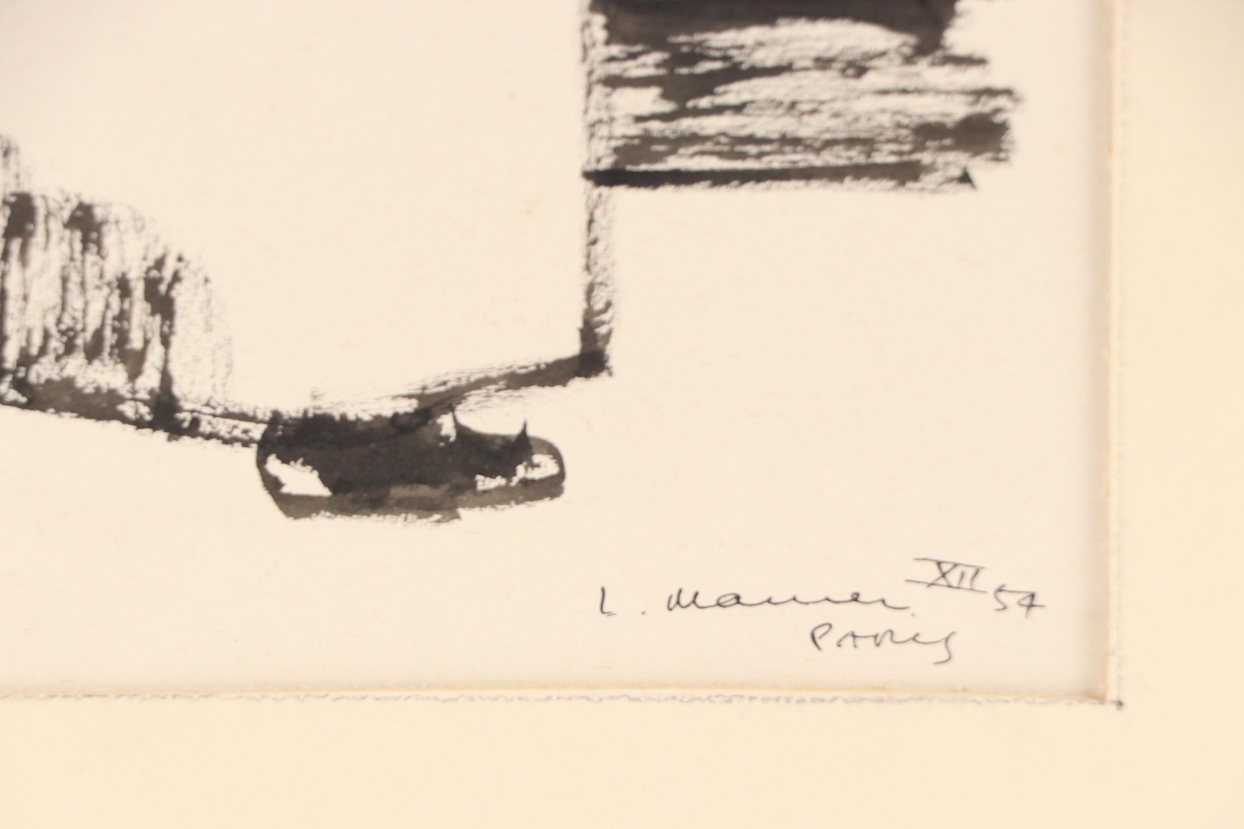 Leonard Maurer Modern Figural Ink Wash Painting "Paris," 1954