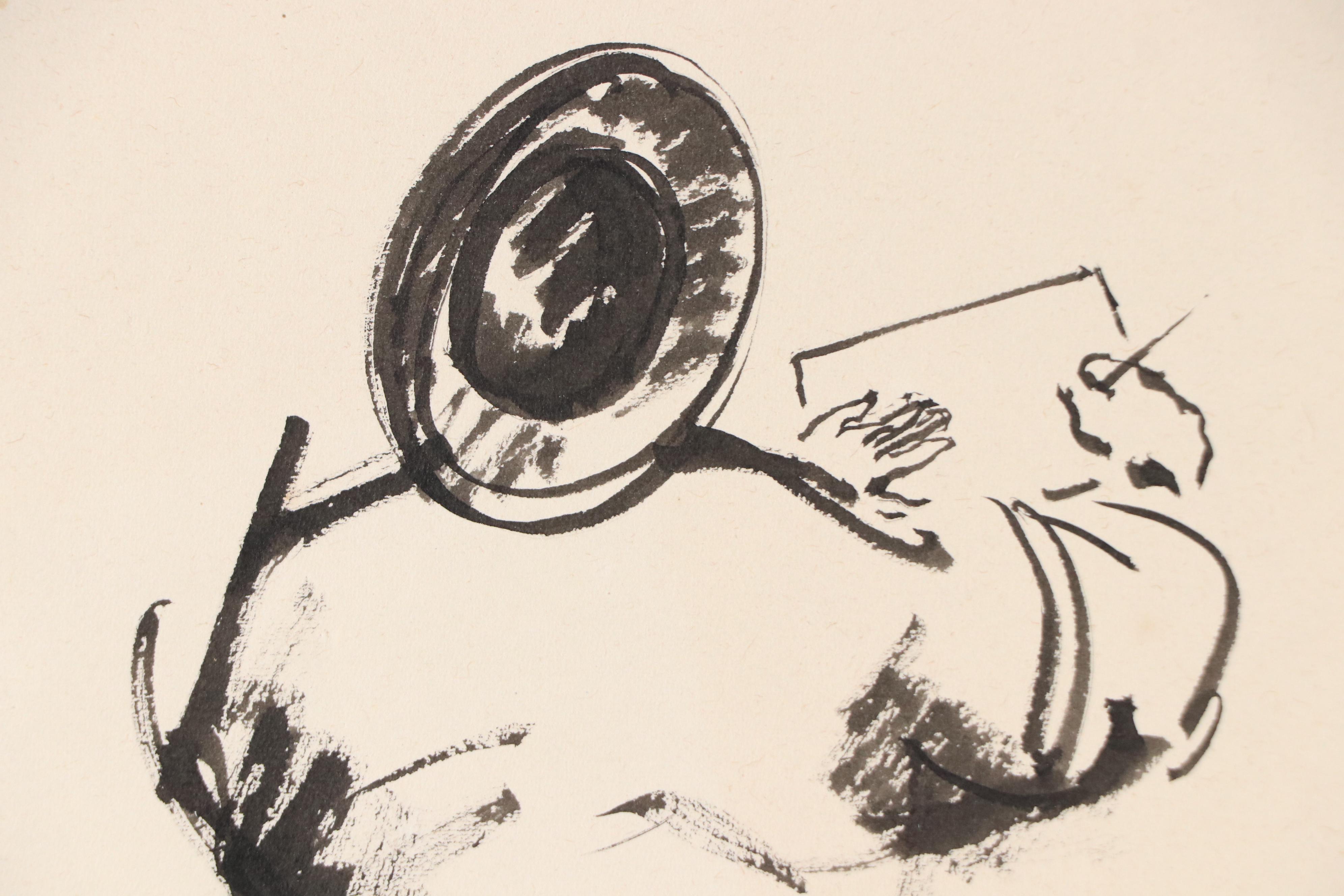 Leonard Maurer Modern Figural Ink Wash Painting "Paris," 1954