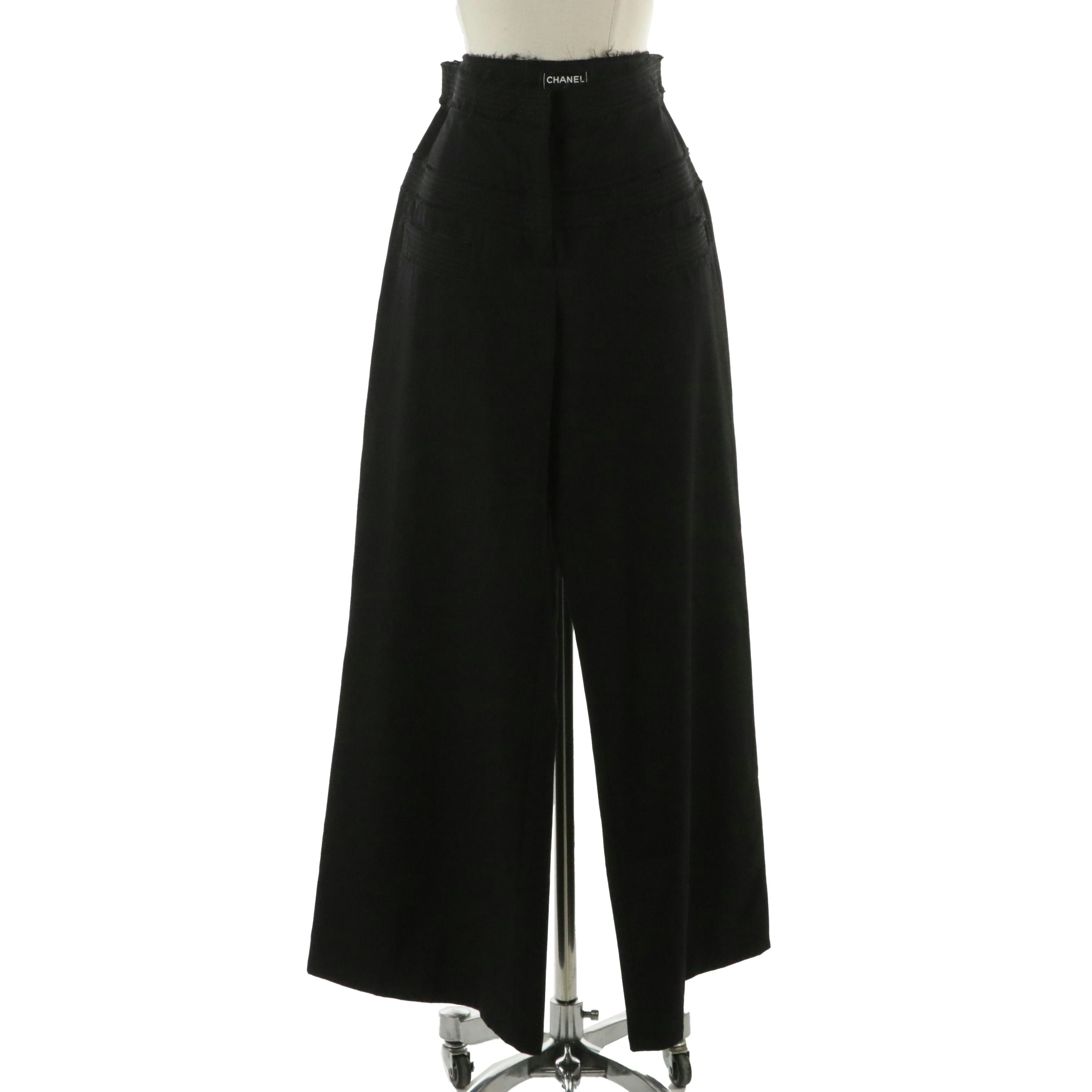 Chanel Black Wool Flat-Front Wide-Leg Trousers Pants Intentional Frayed Edges