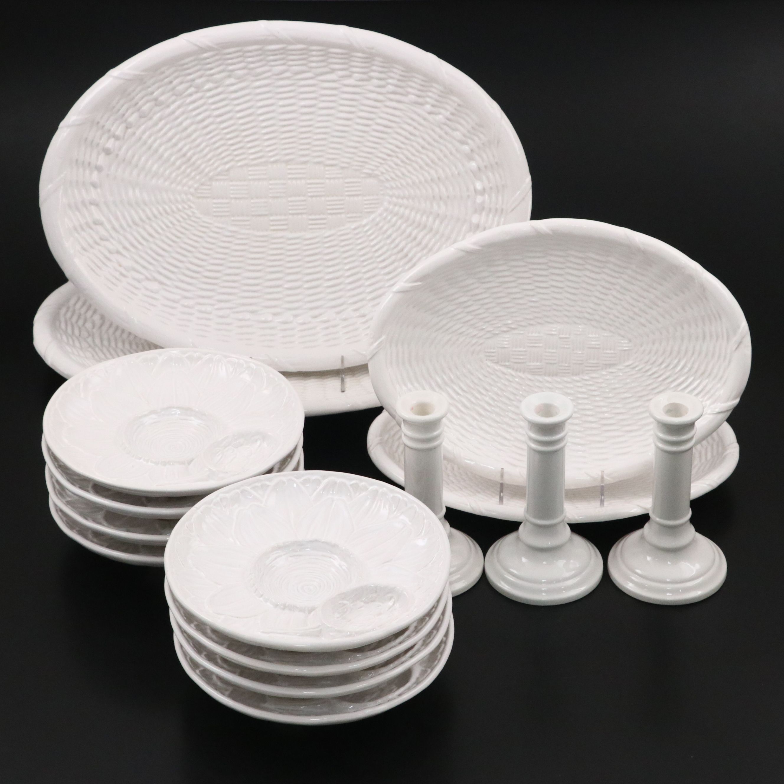 Neuwirth White Glaze Ceramic Plates and Trays with Rubel Candlesticks