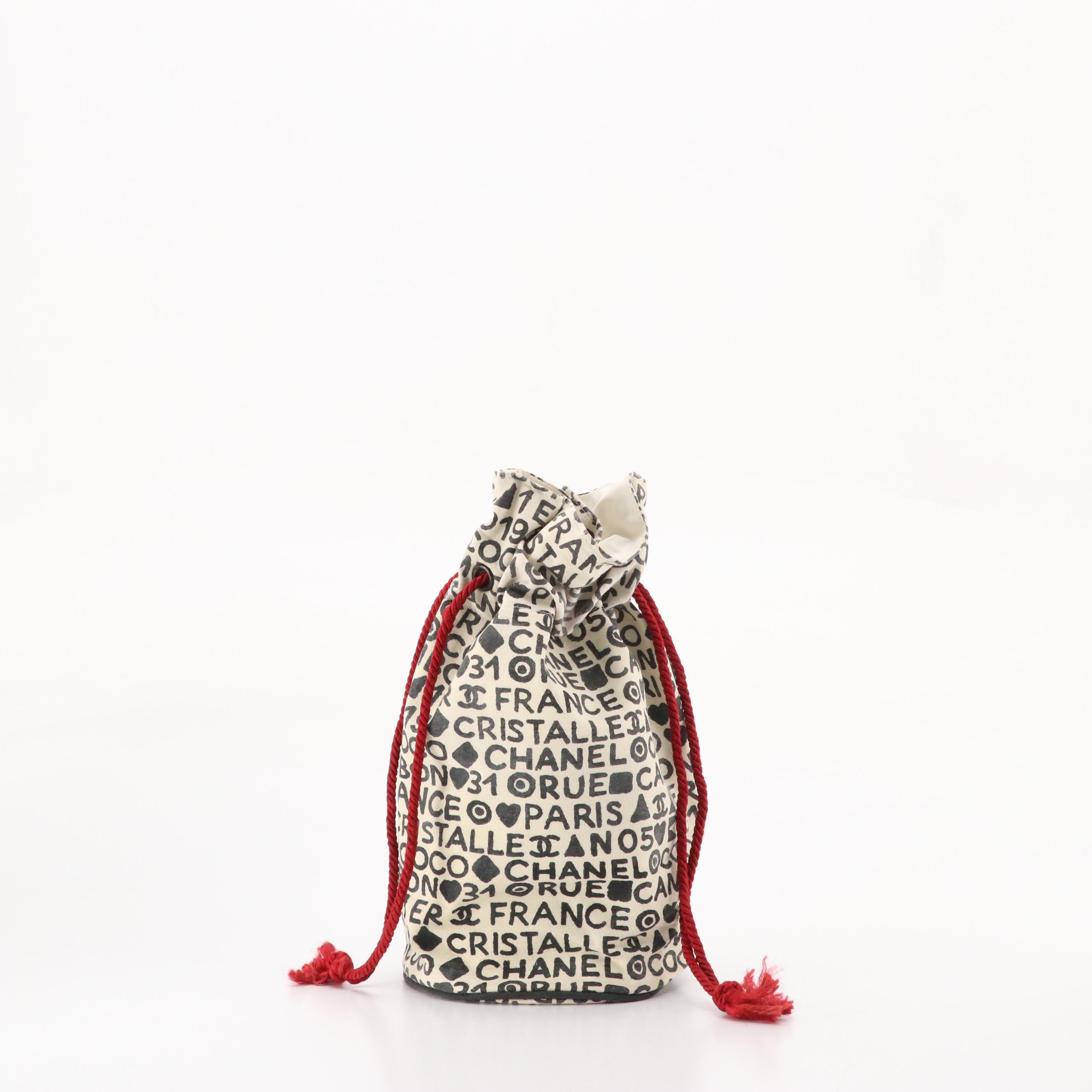 Chanel Drawstring Pouch in Black and White Rue 31 Monogram Canvas