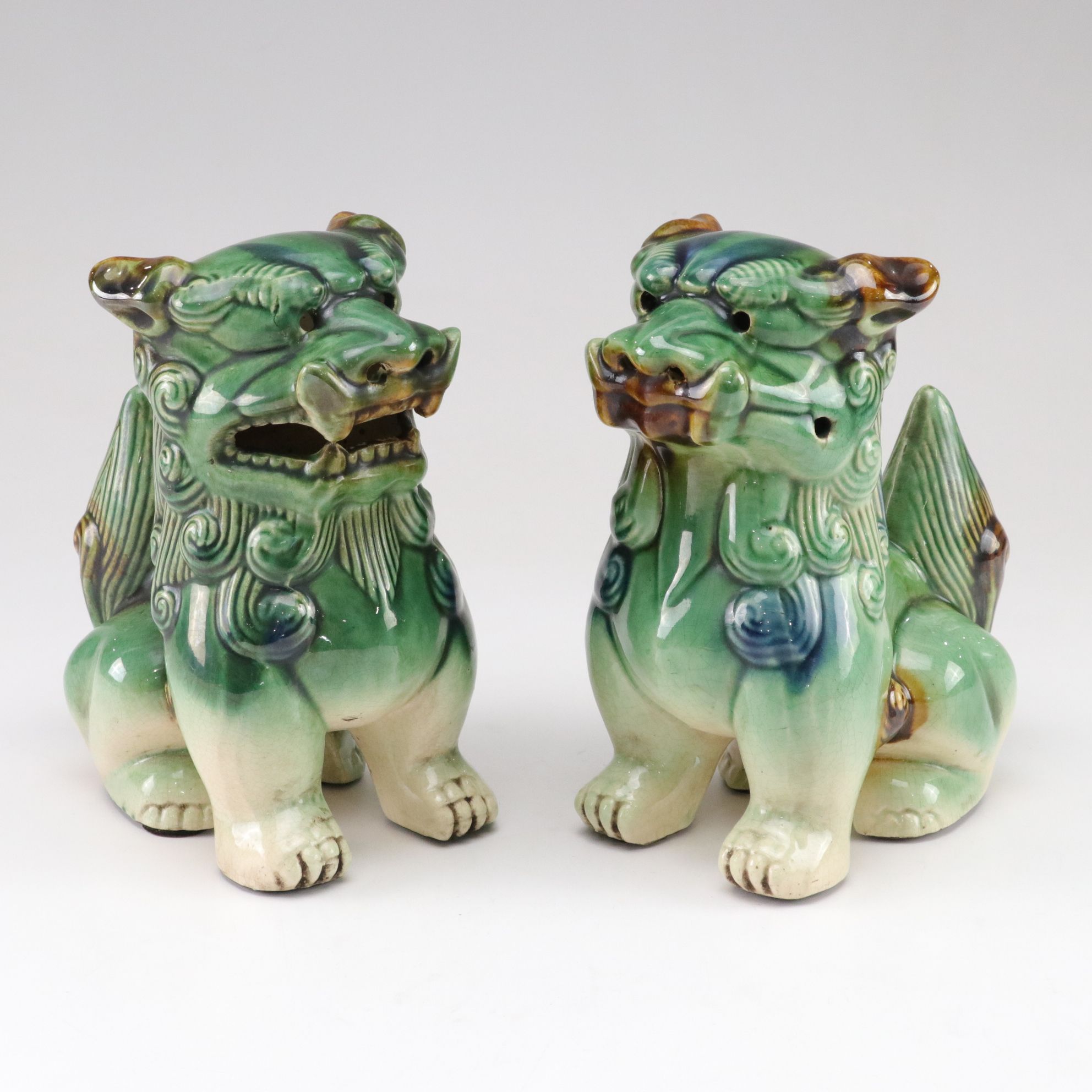 Chinese Sancai Glaze Guardian Lion Figurines, Pair