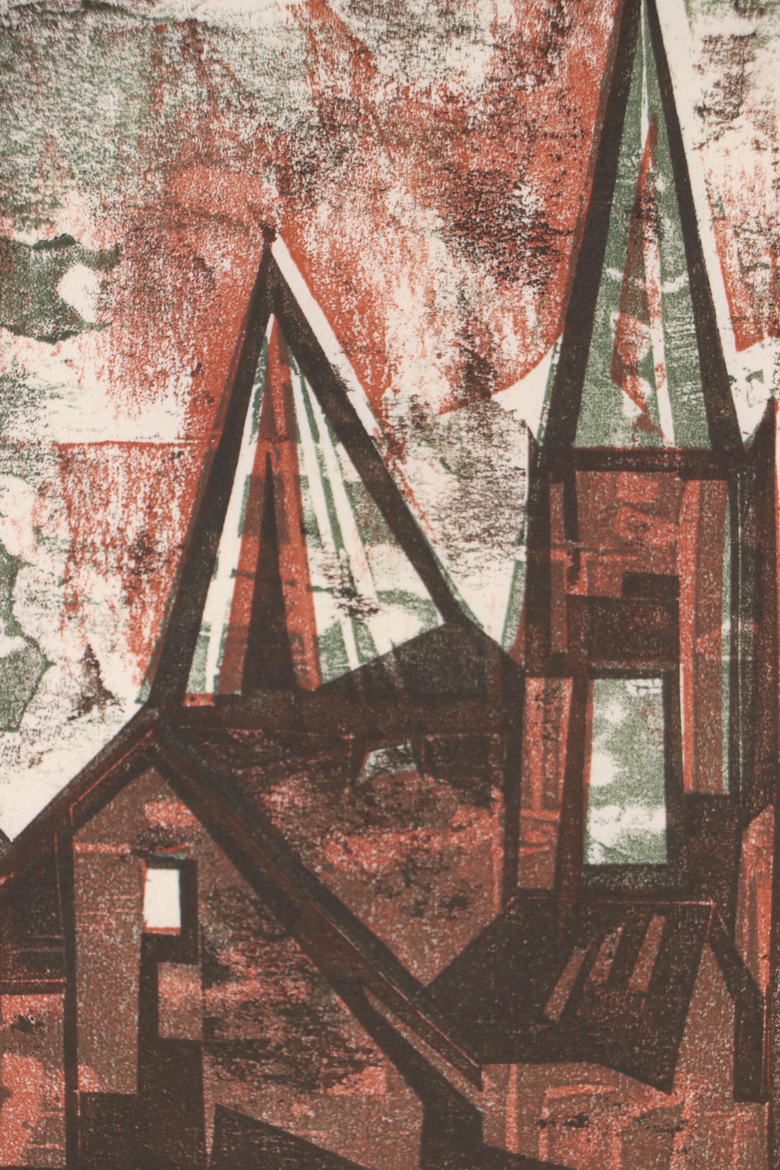 Leonard Maurer Modern Architectual Woodcut "Evening," 1966