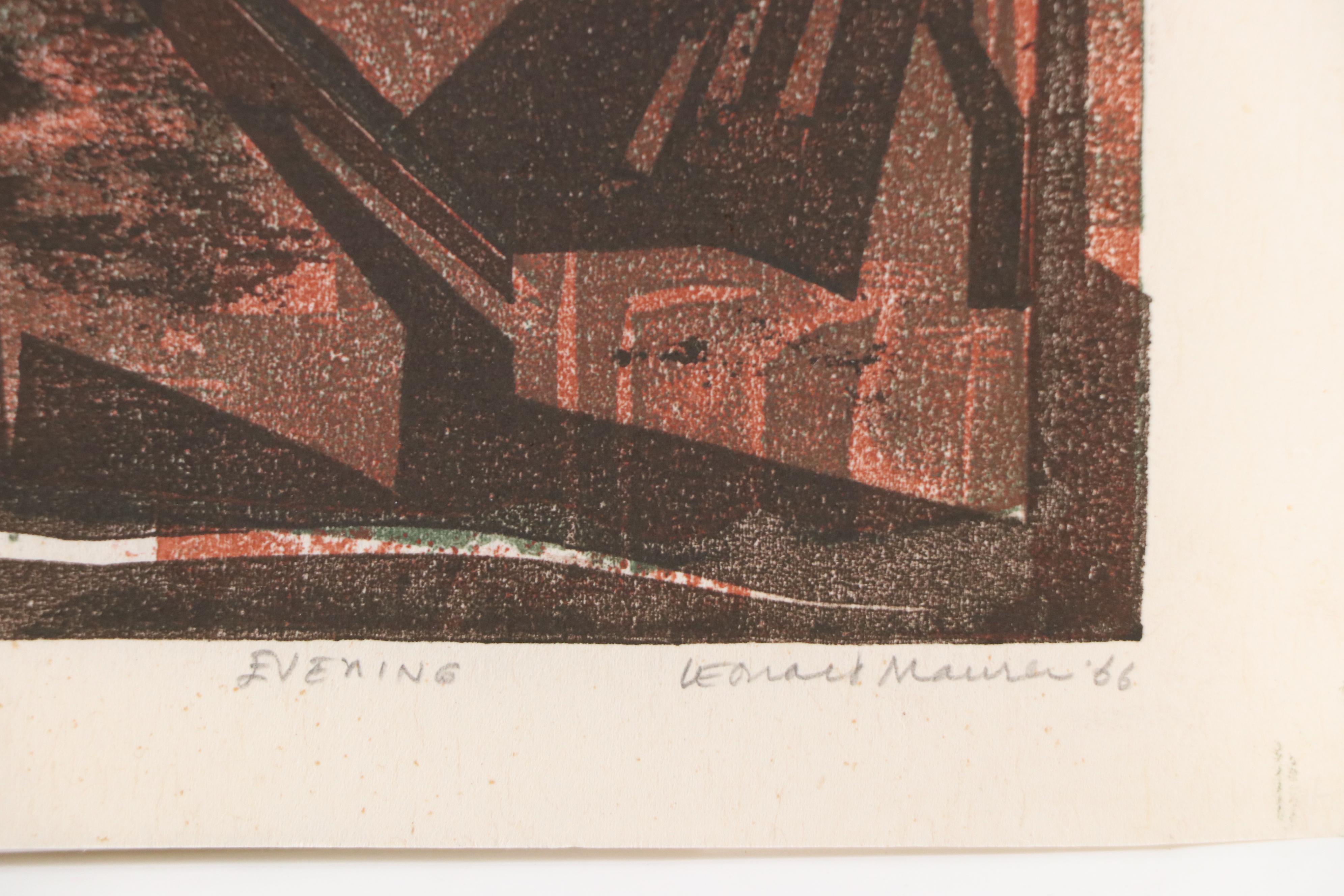 Leonard Maurer Modern Architectual Woodcut "Evening," 1966