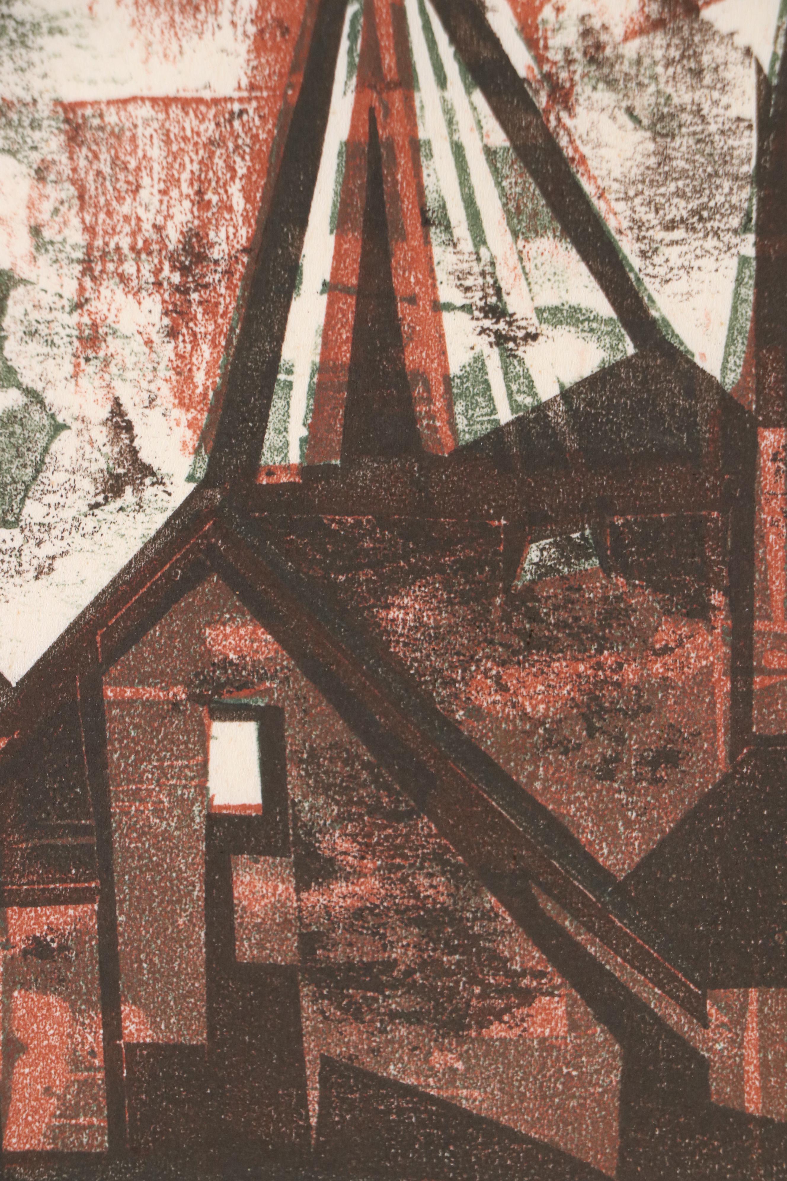 Leonard Maurer Modern Architectual Woodcut "Evening," 1966