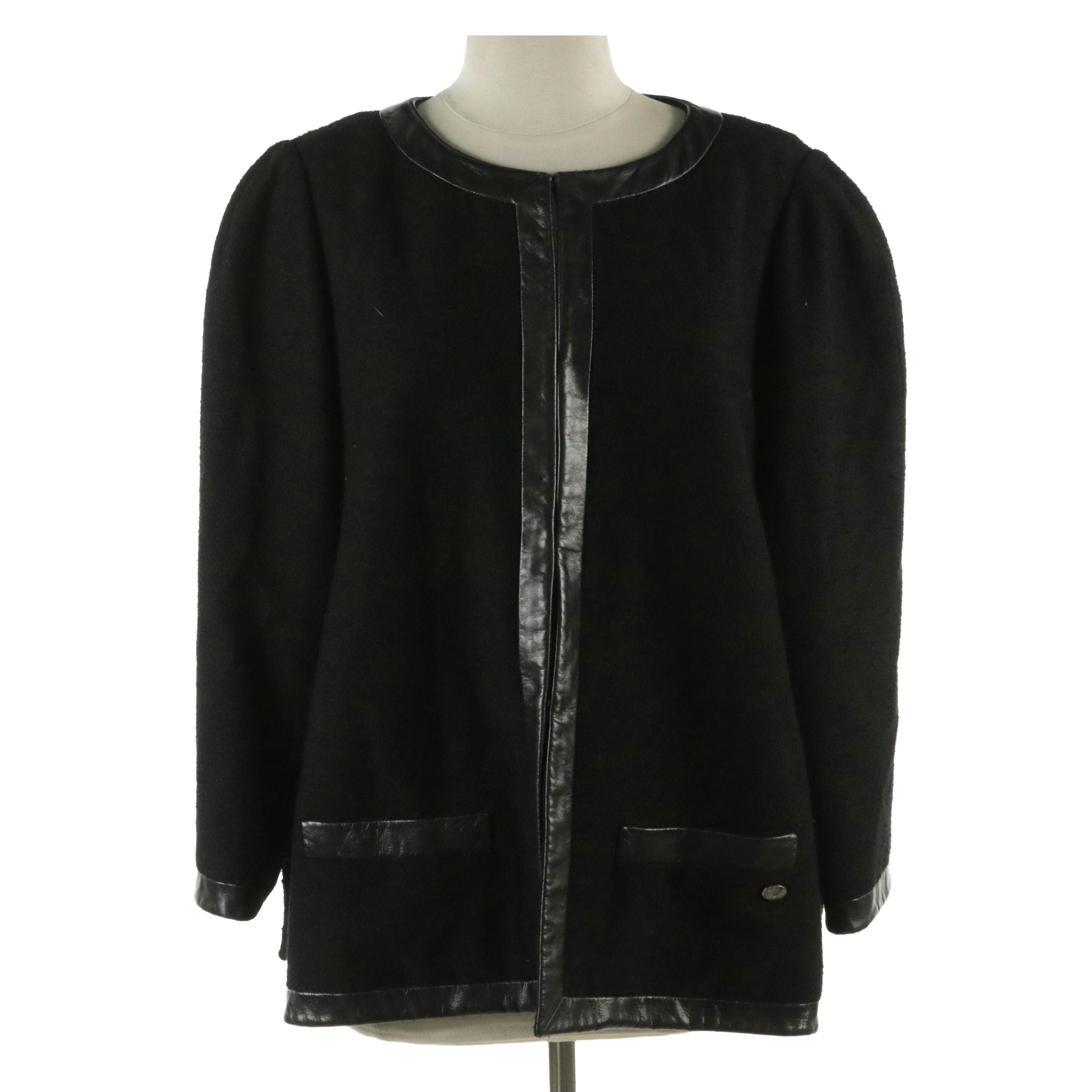 Chanel Black Wool Blend Jacket with Lambskin Leather Trim