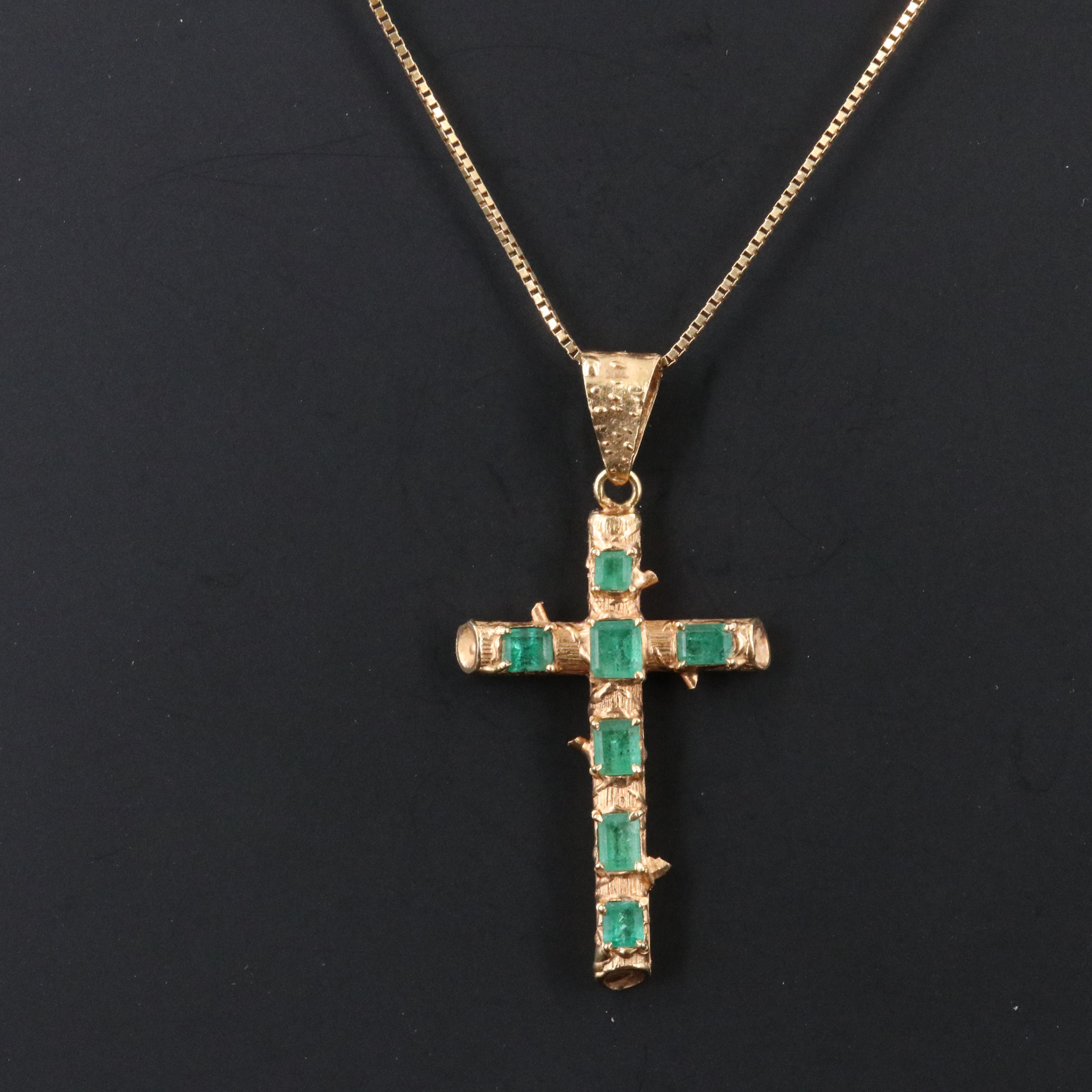 18K Emerald Thorn Cross Pendant on 14K Box Chain Necklace