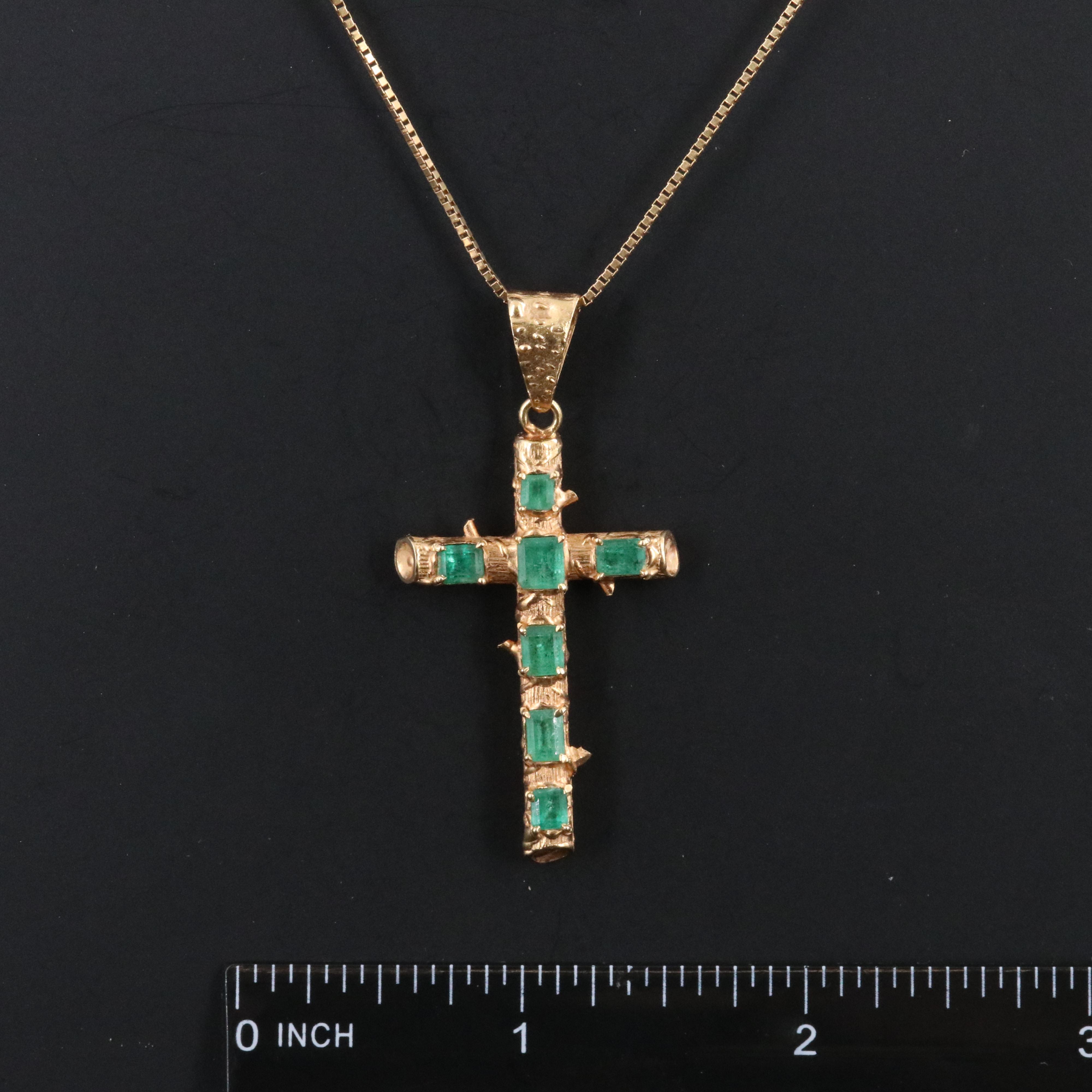 18K Emerald Thorn Cross Pendant on 14K Box Chain Necklace