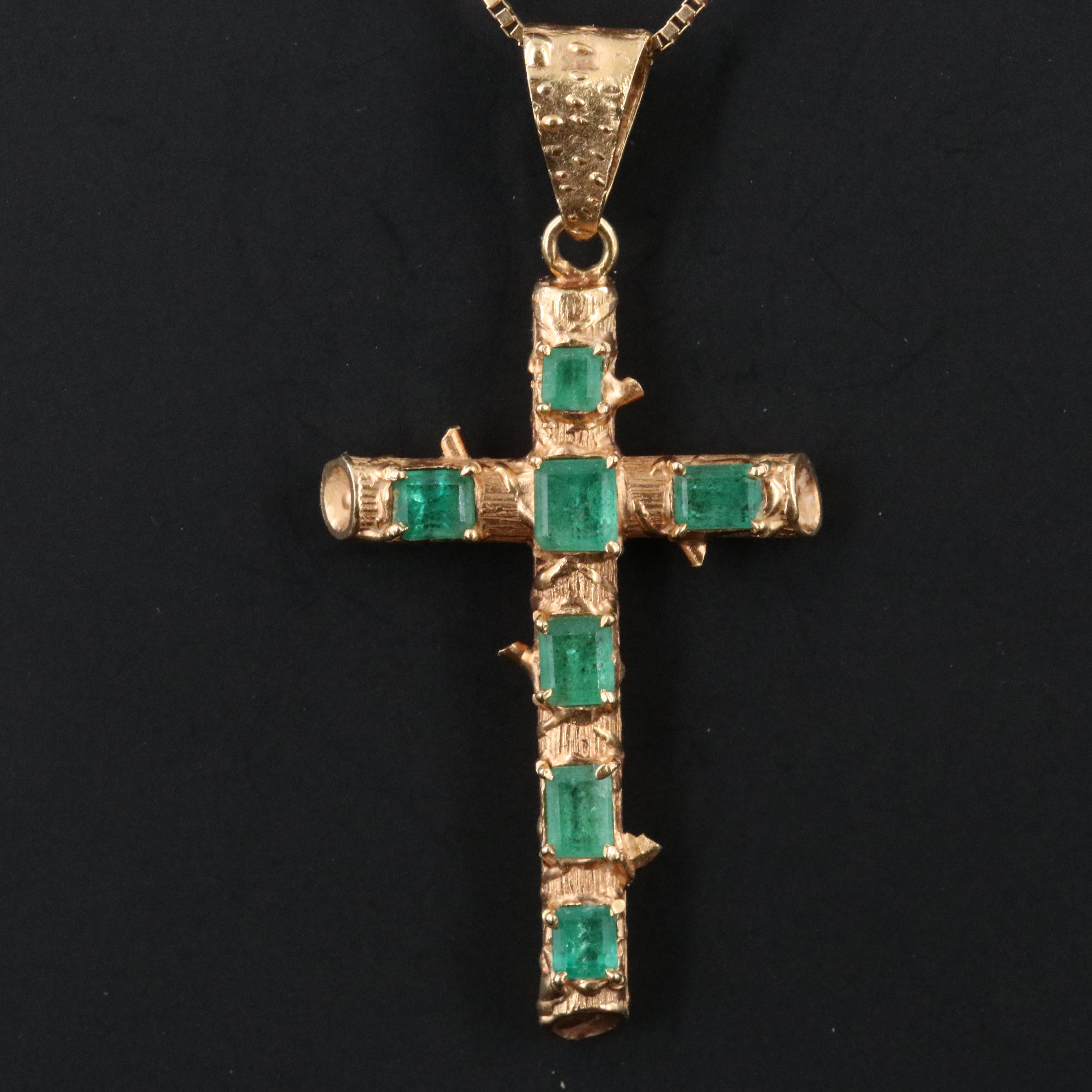 18K Emerald Thorn Cross Pendant on 14K Box Chain Necklace