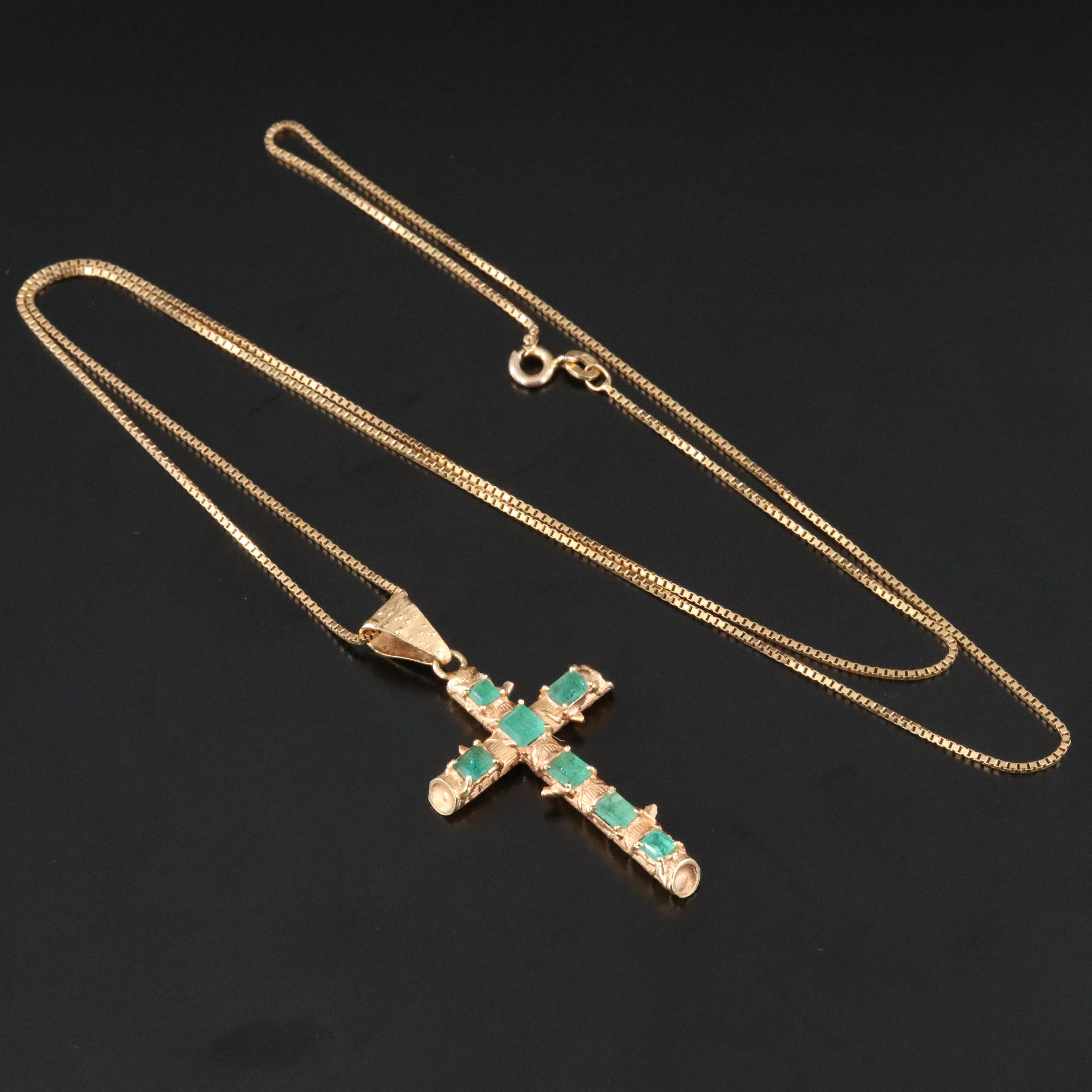 18K Emerald Thorn Cross Pendant on 14K Box Chain Necklace