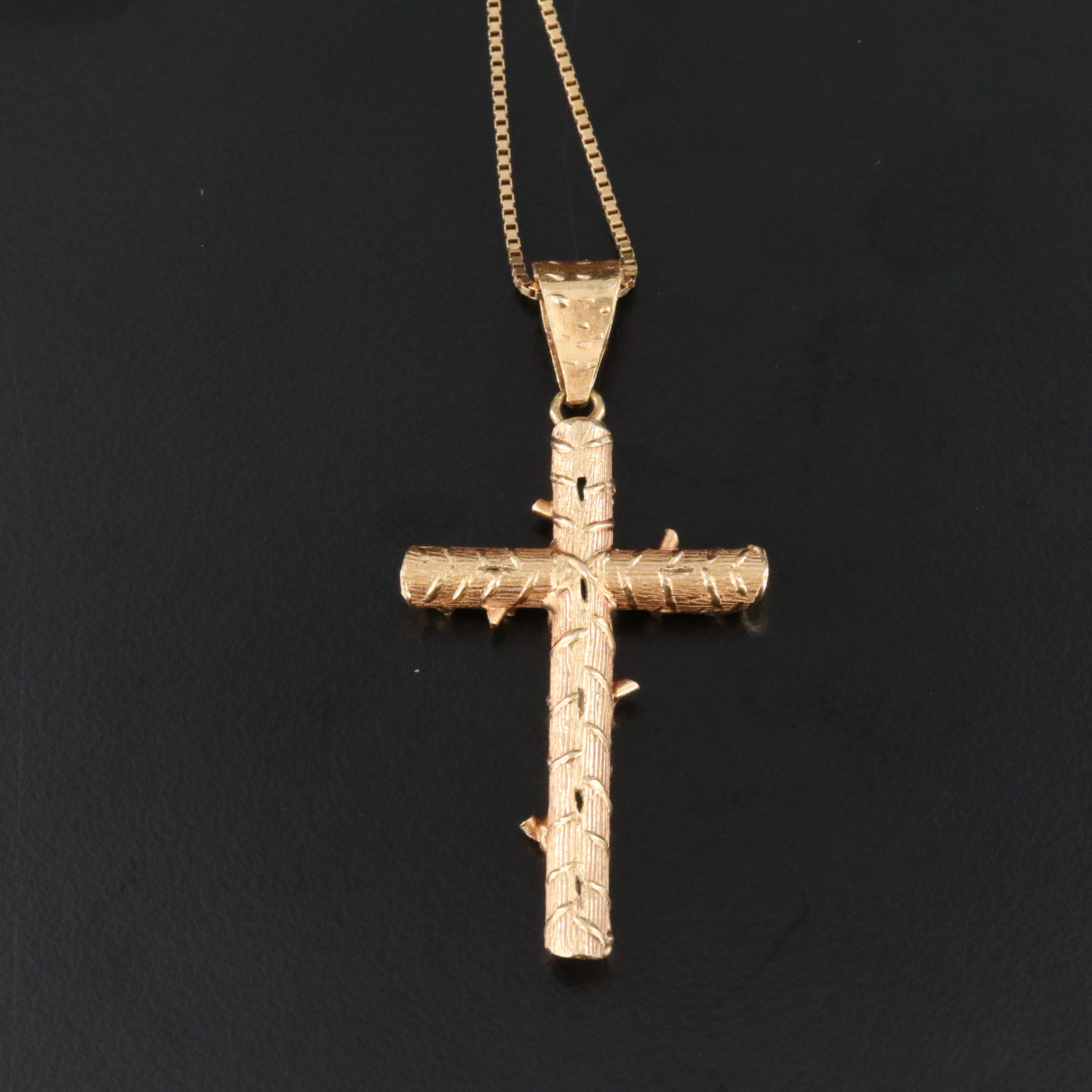 18K Emerald Thorn Cross Pendant on 14K Box Chain Necklace