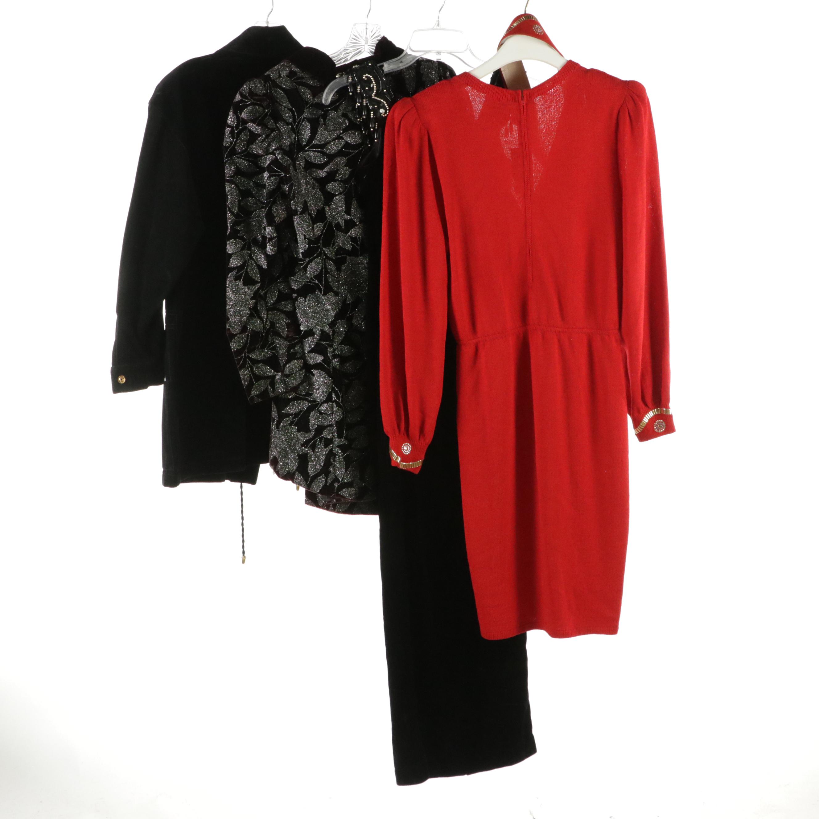 St. John Snap-Front Jacket, Knit Dress and Belt, Jessica McClintock Dress & More
