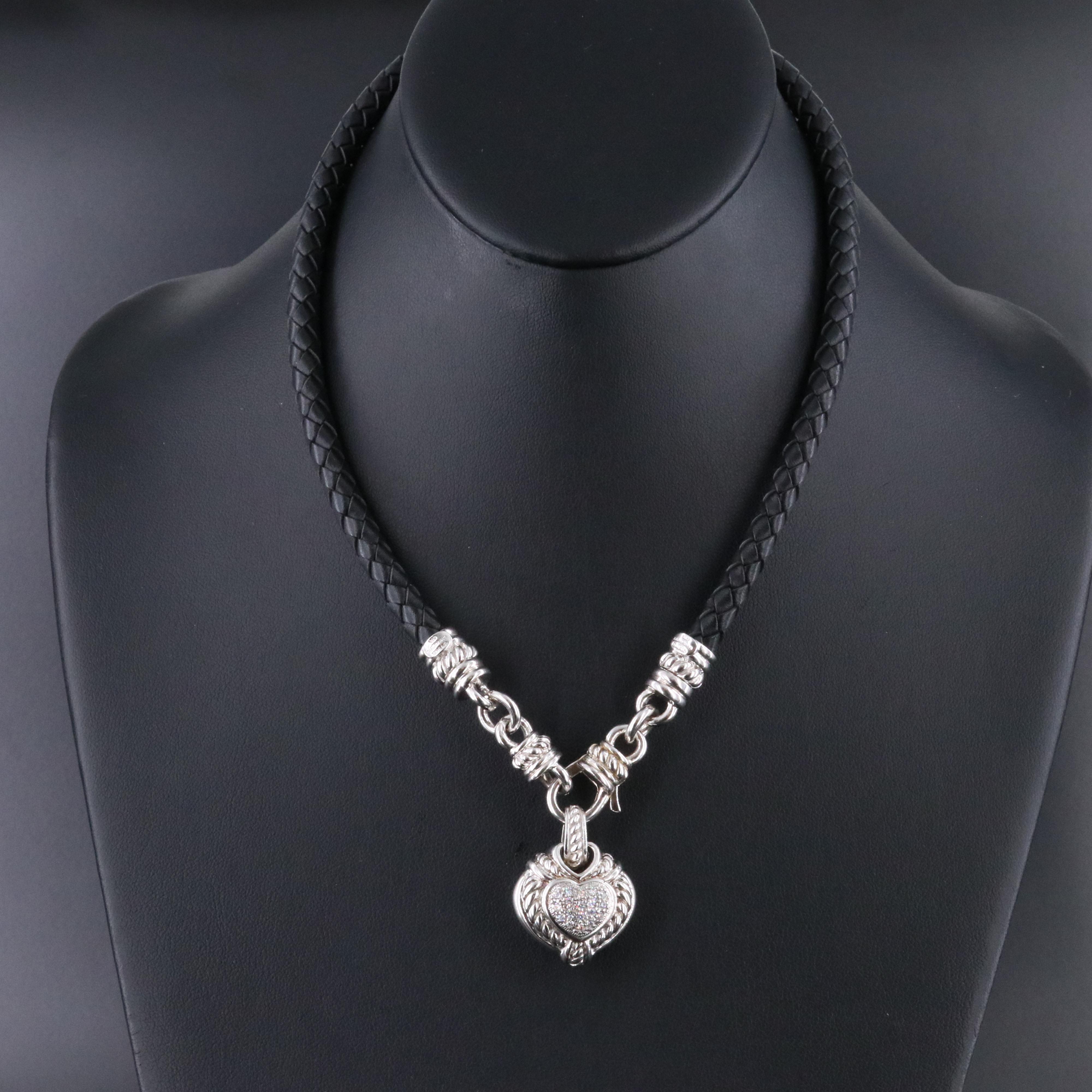 Judith Ripka Sterling CZ Heart Enhancer Pendant on Braided Necklace