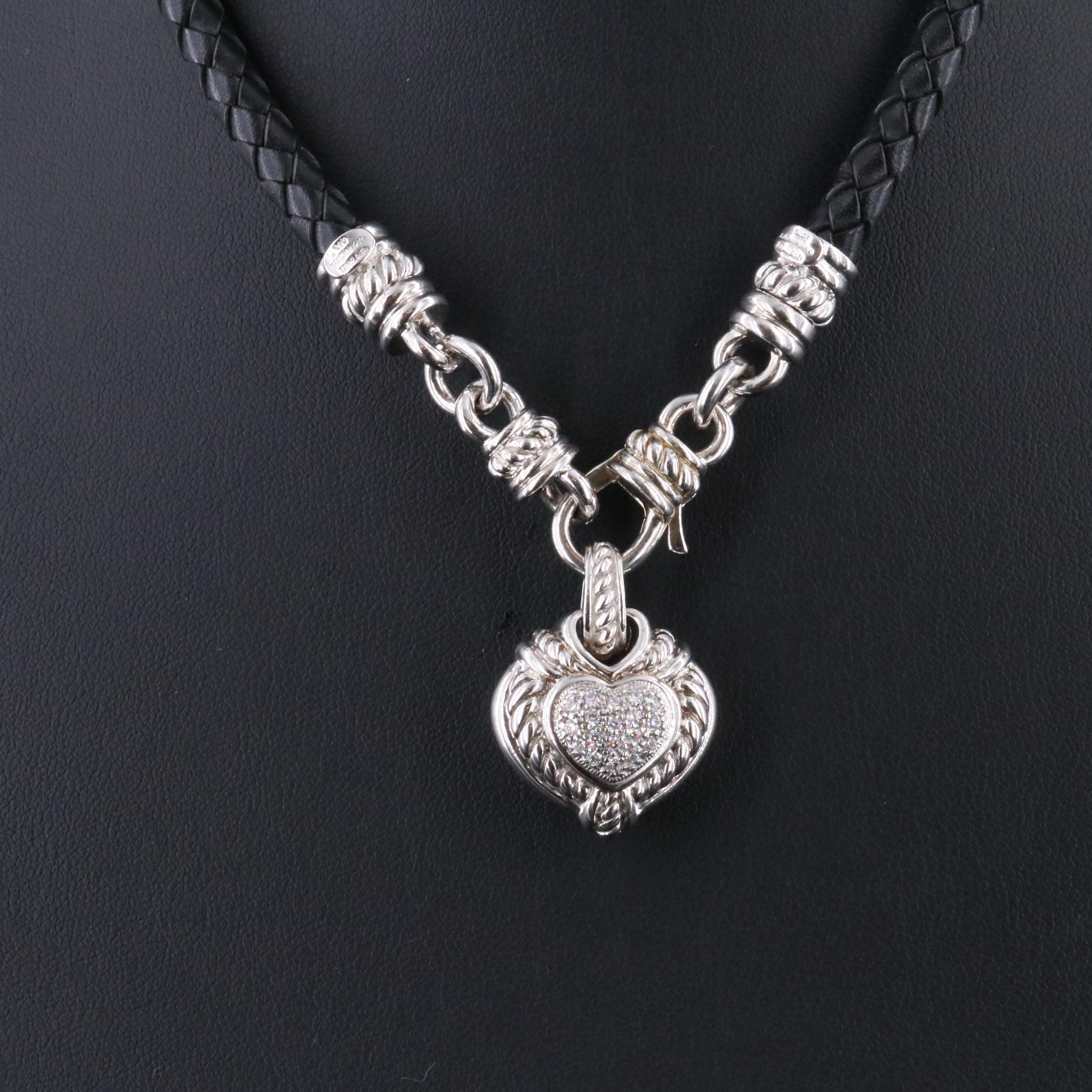Judith Ripka Sterling CZ Heart Enhancer Pendant on Braided Necklace