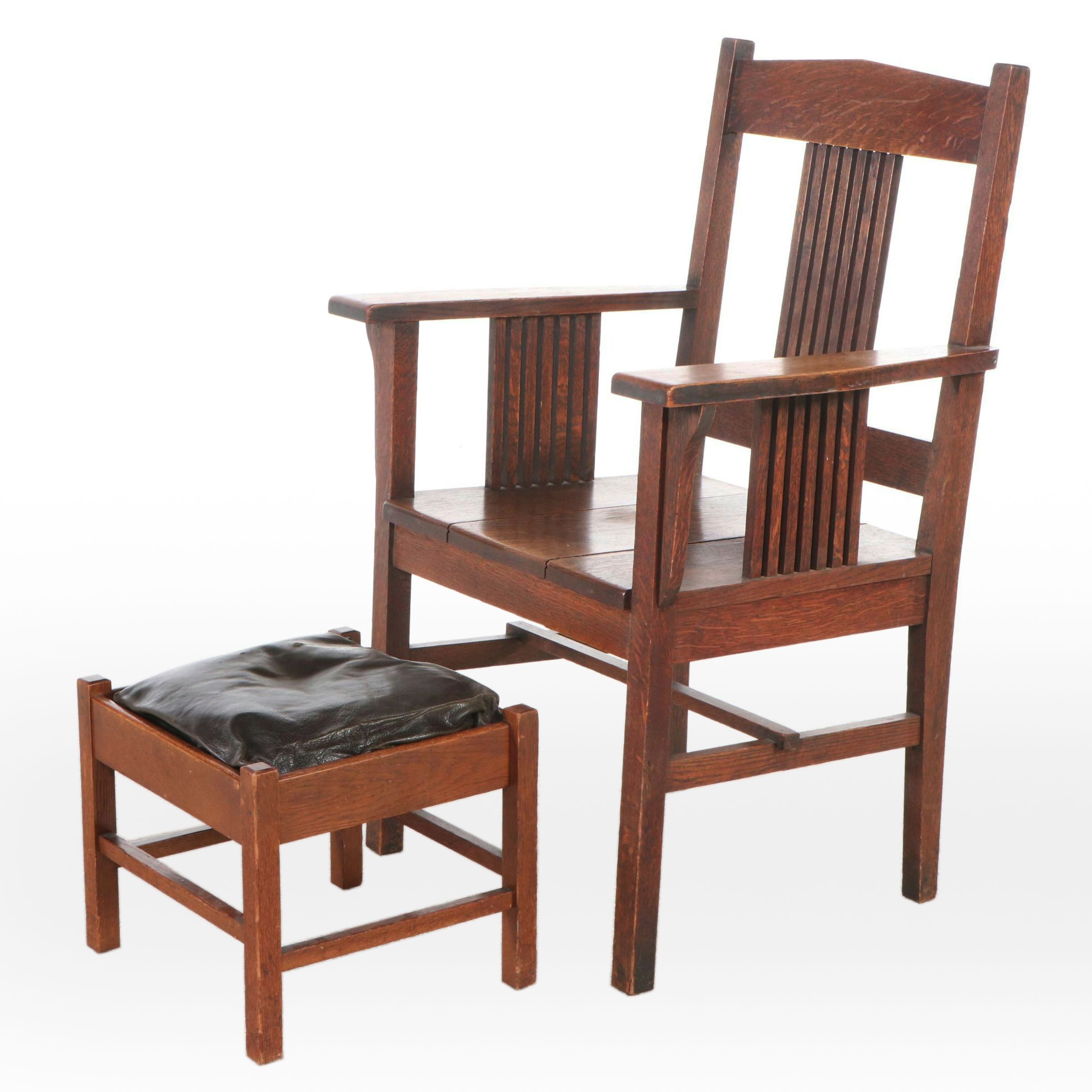 Arts & Crafts Style Oak Mission Armchair with Leather Upholstered Ottoman