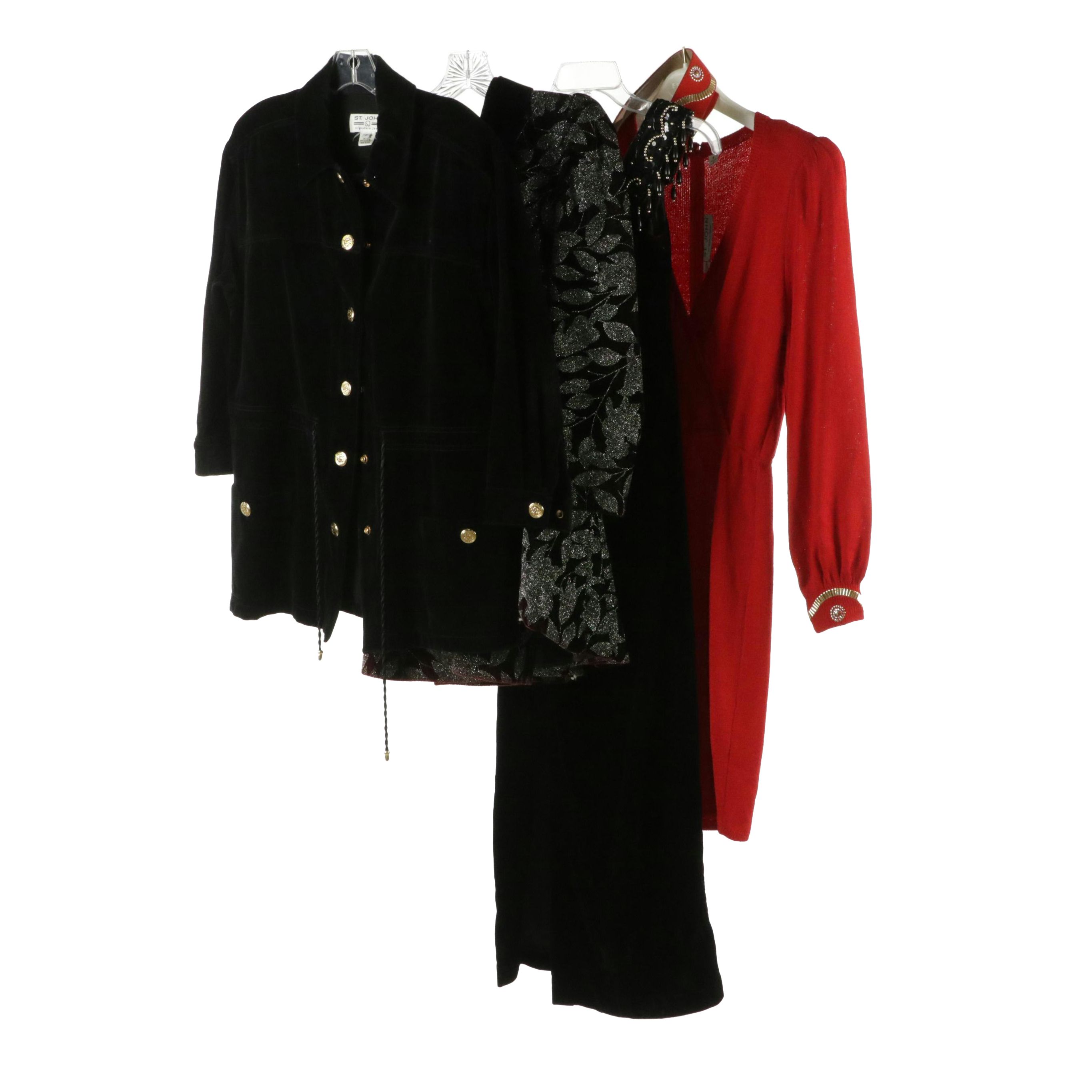 St. John Snap-Front Jacket, Knit Dress and Belt, Jessica McClintock Dress & More