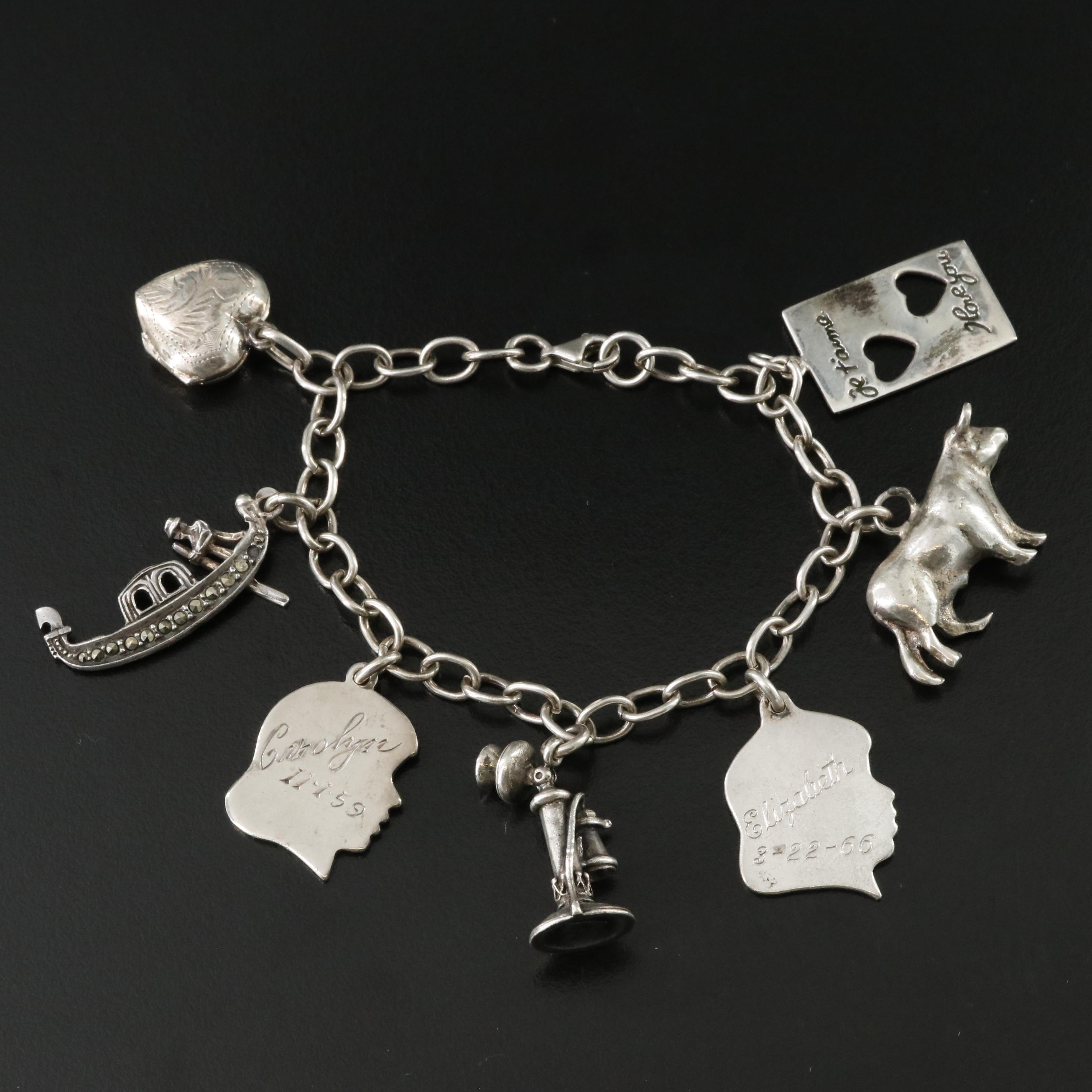 Sterling Charm Bracelet Including 835 Silver Marcasite Gondola