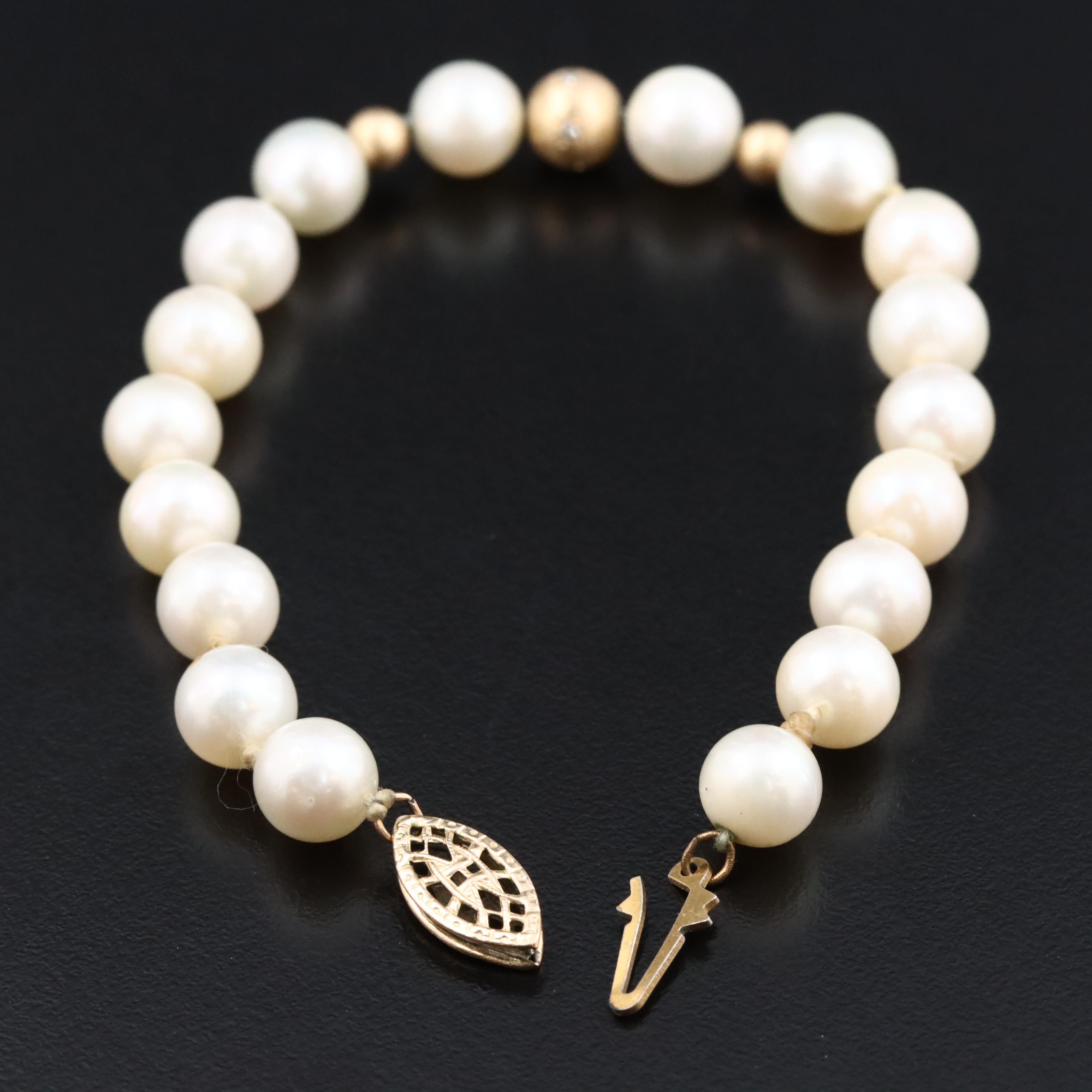 Pearl and 14K Diamond Accent Bead Bracelet with Gold-Filled Clasp