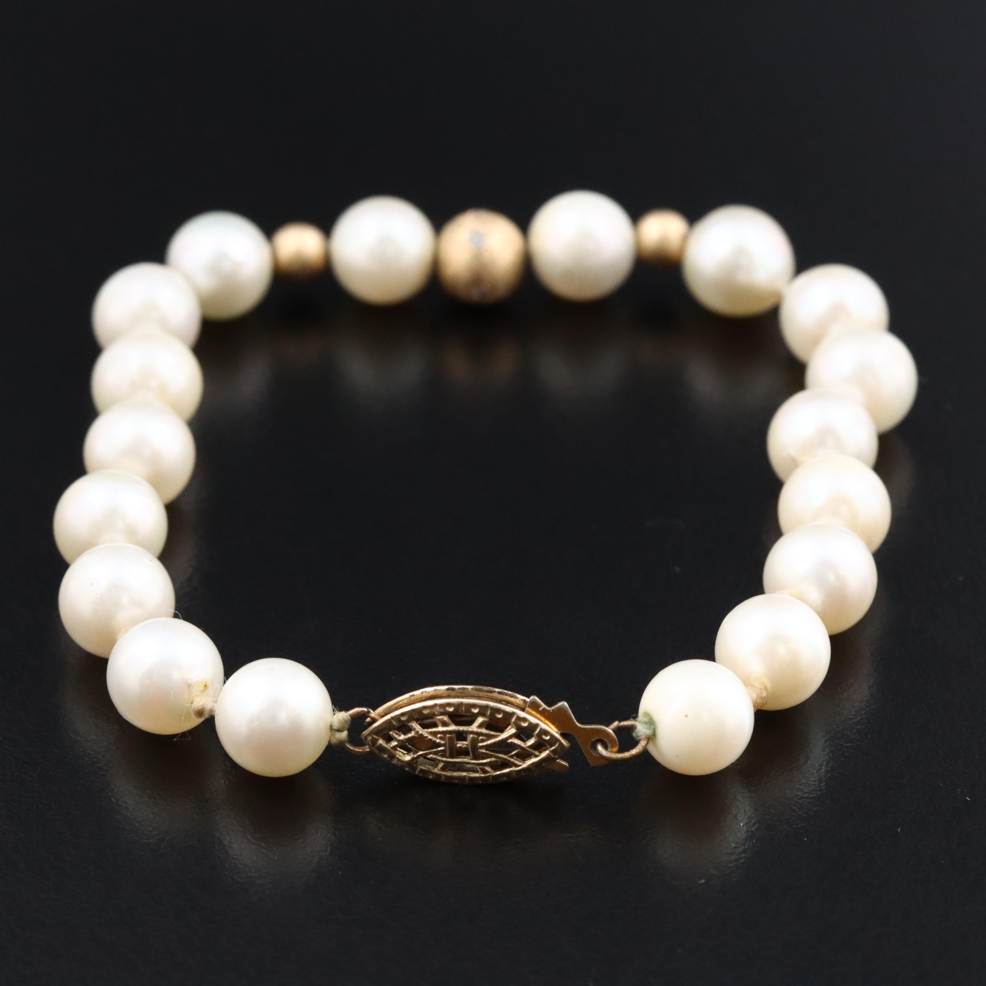 Pearl and 14K Diamond Accent Bead Bracelet with Gold-Filled Clasp
