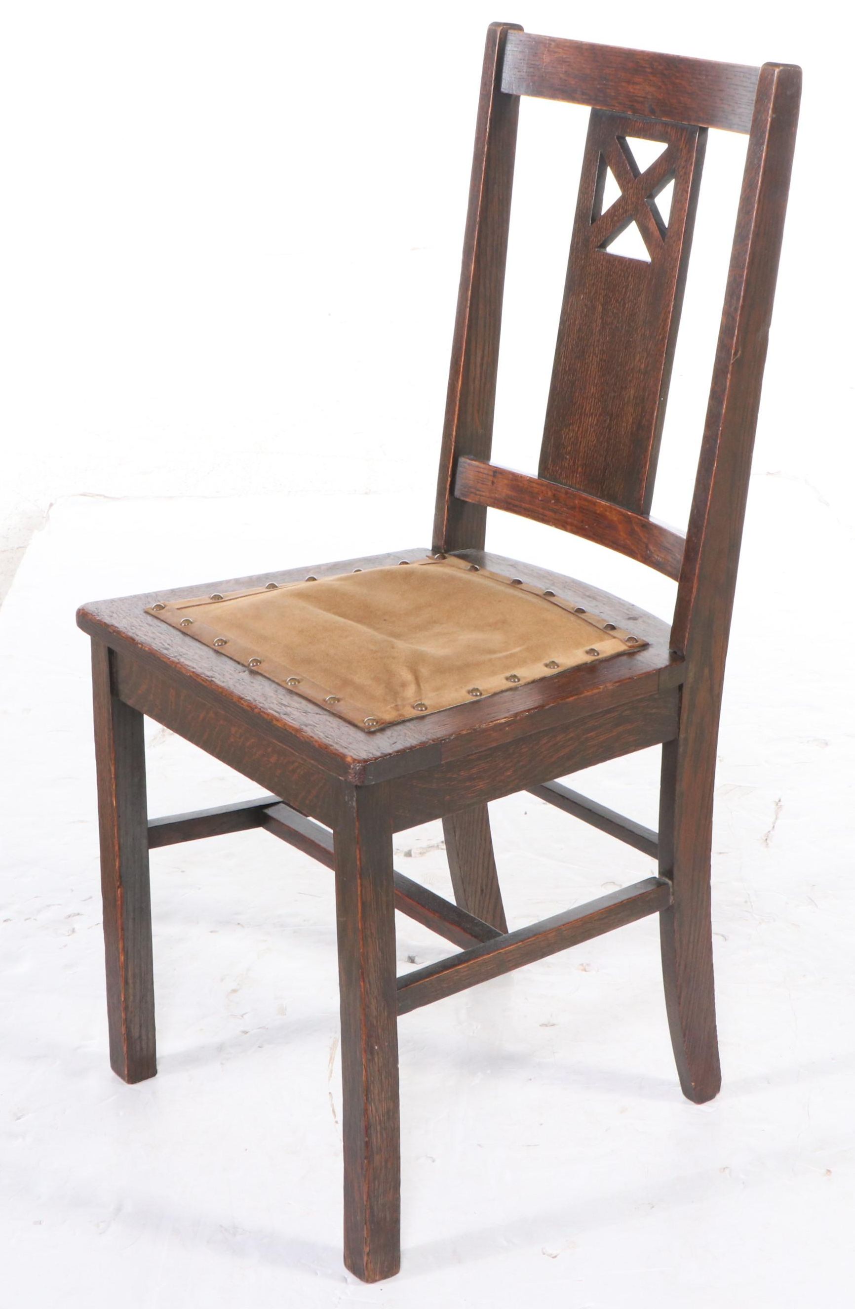 Mission Style Oak Side Chair with Upholstered Ottoman, 20th Century