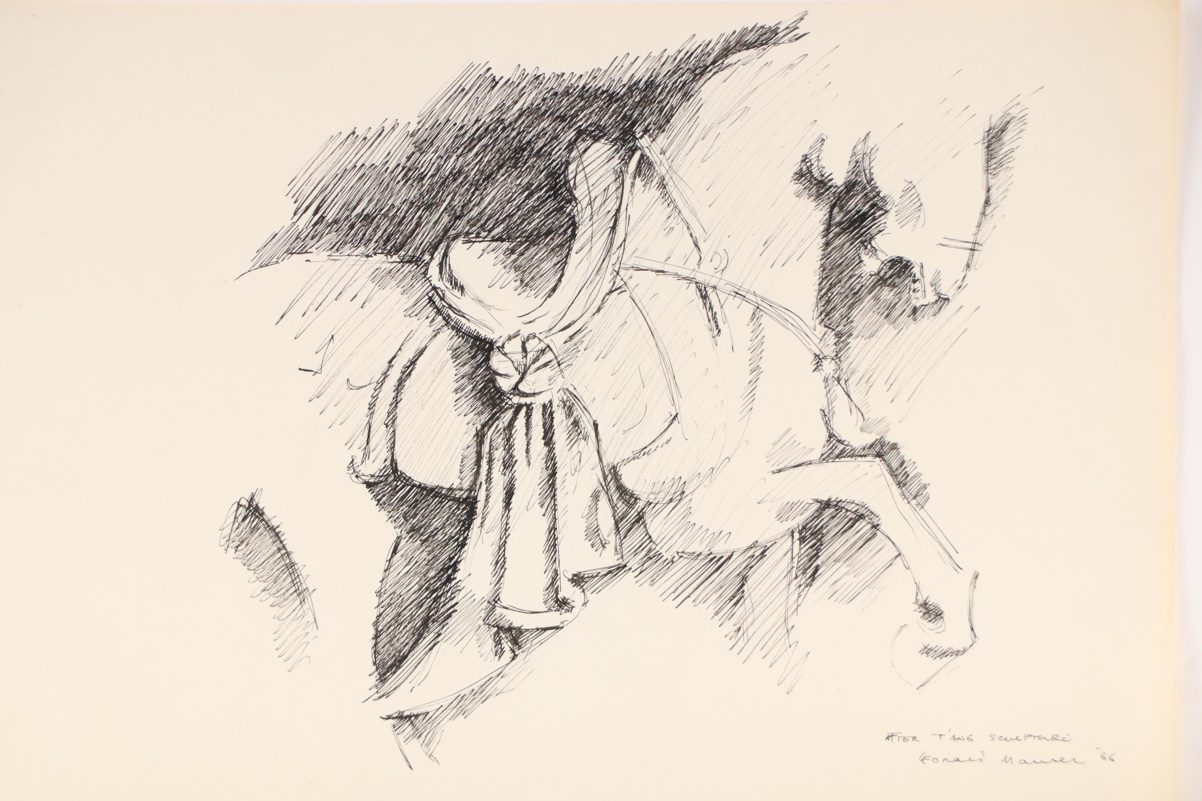 Leonard Maurer Modern Ink Drawing of Horse Sculpture, 1966