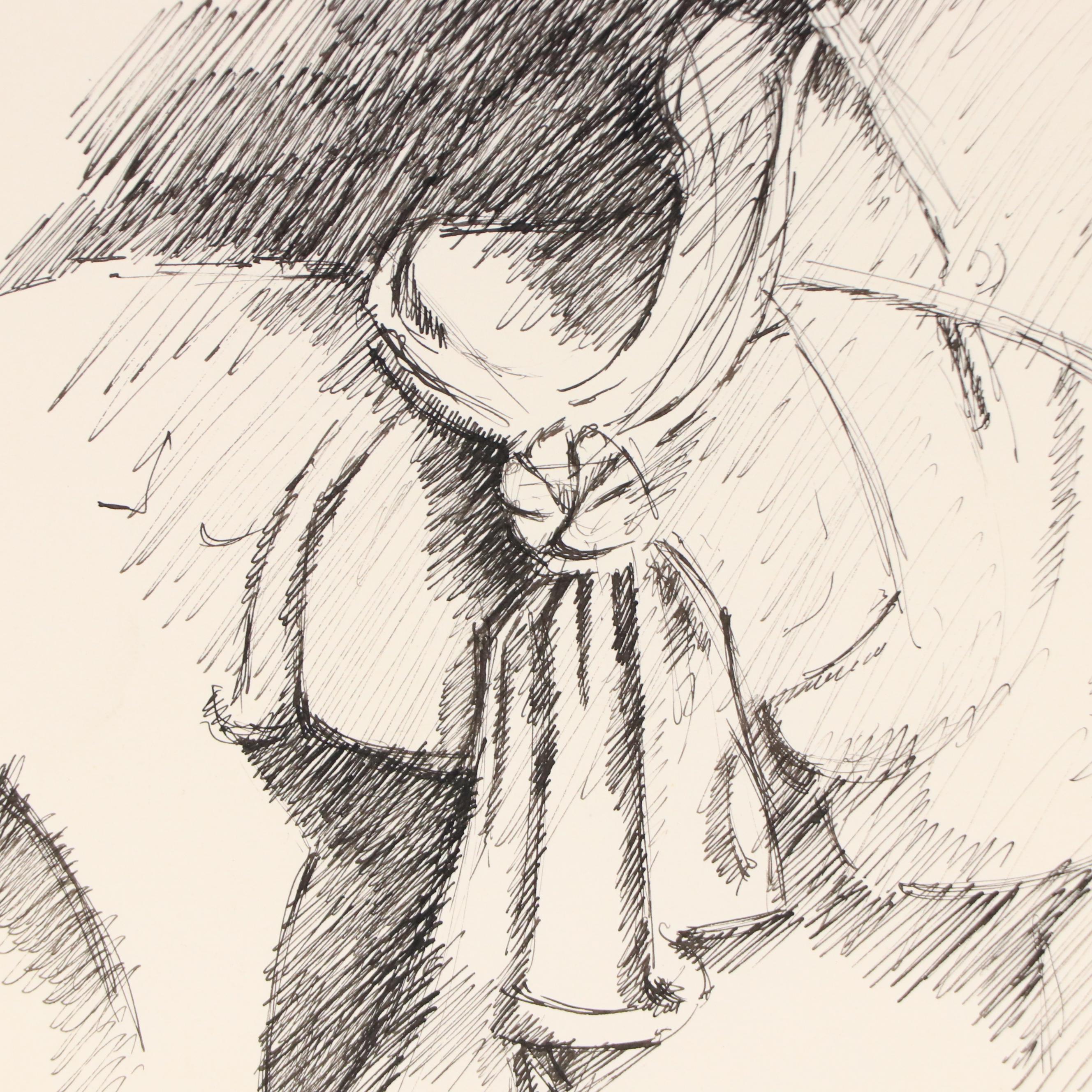 Leonard Maurer Modern Ink Drawing of Horse Sculpture, 1966