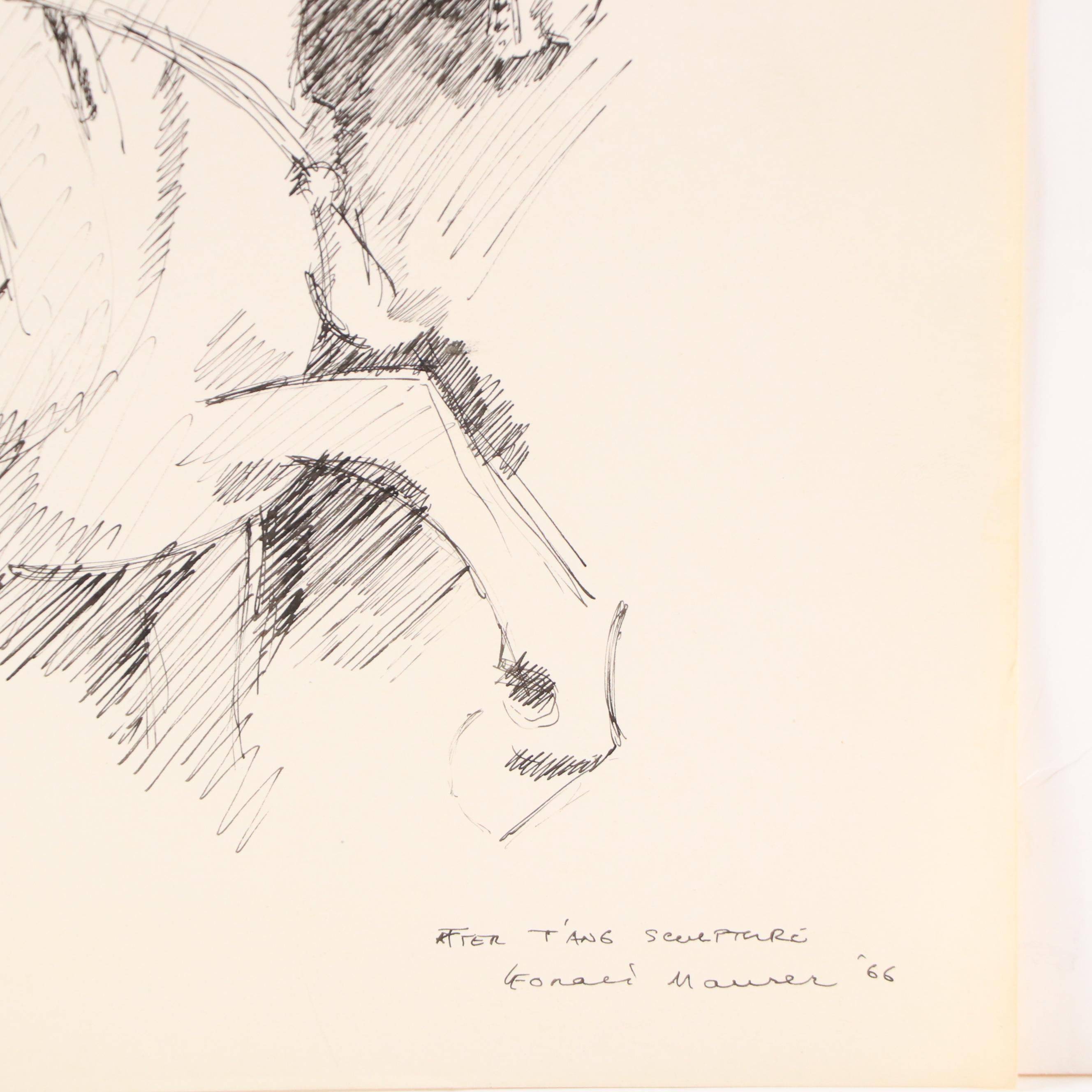 Leonard Maurer Modern Ink Drawing of Horse Sculpture, 1966