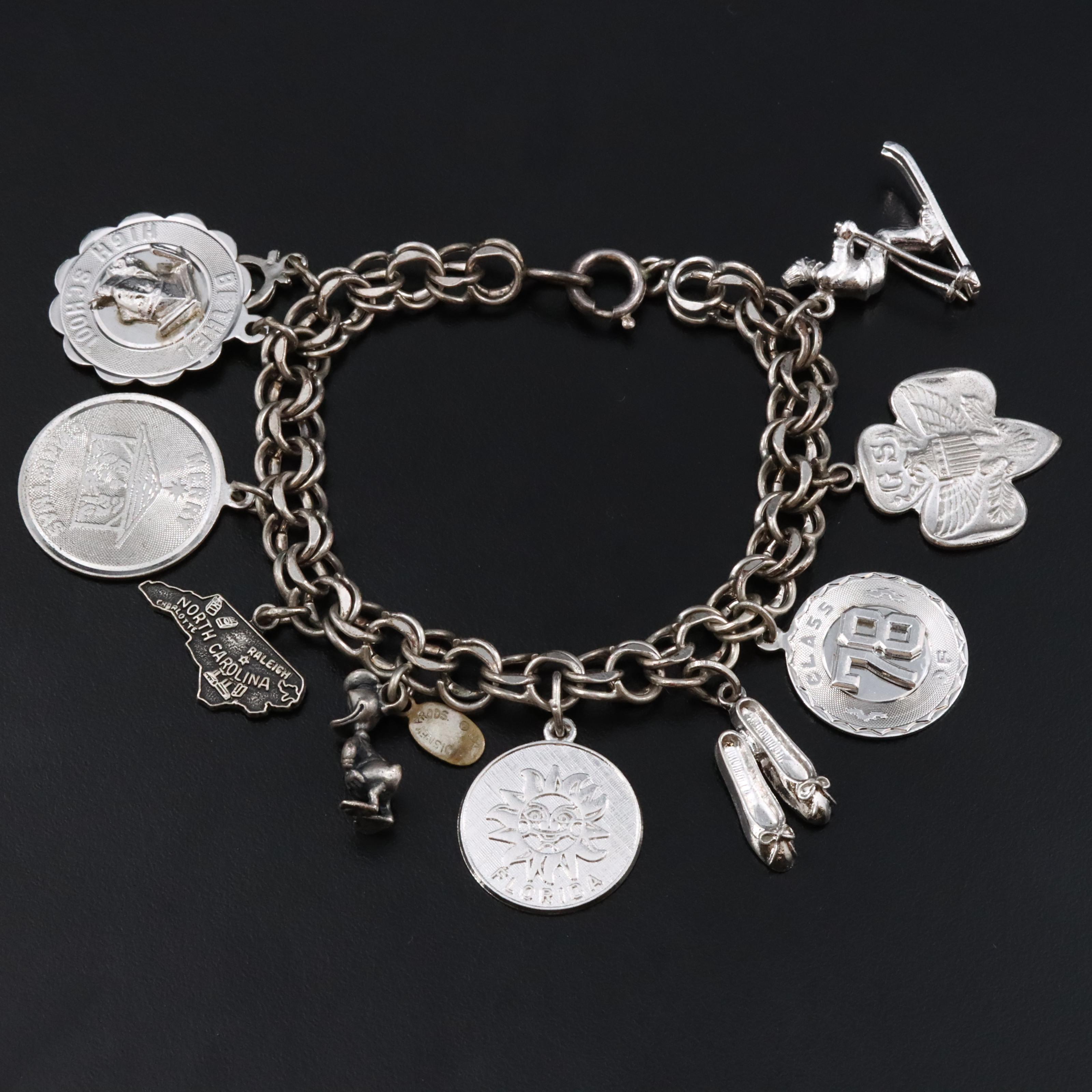 Vintage Sterling Charm Bracelet Featuring Girl Scouts and Donald Duck