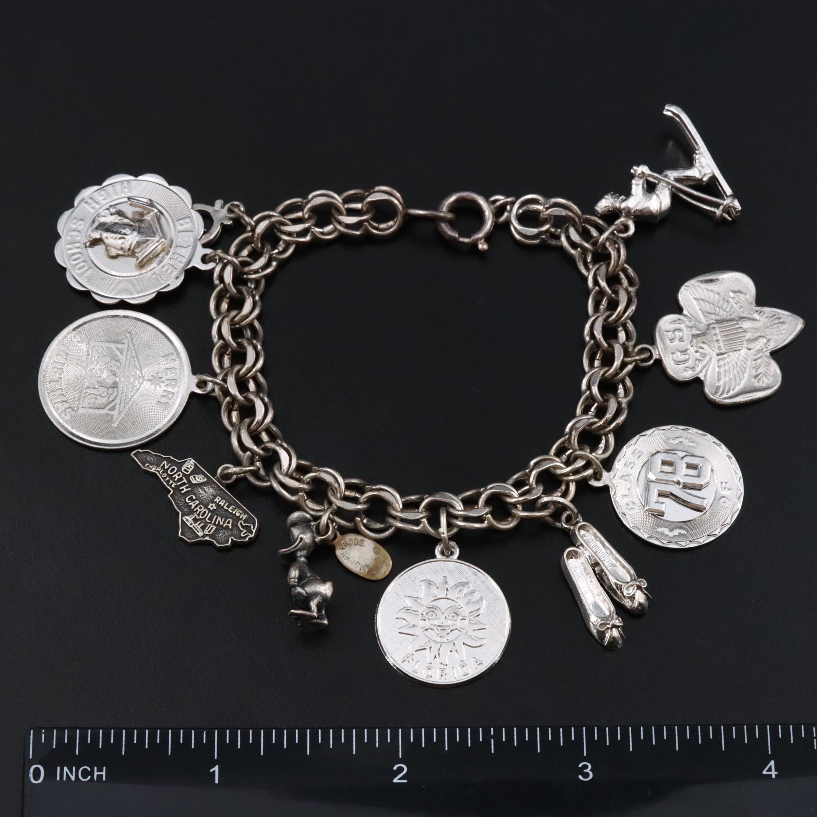 Vintage Sterling Charm Bracelet Featuring Girl Scouts and Donald Duck