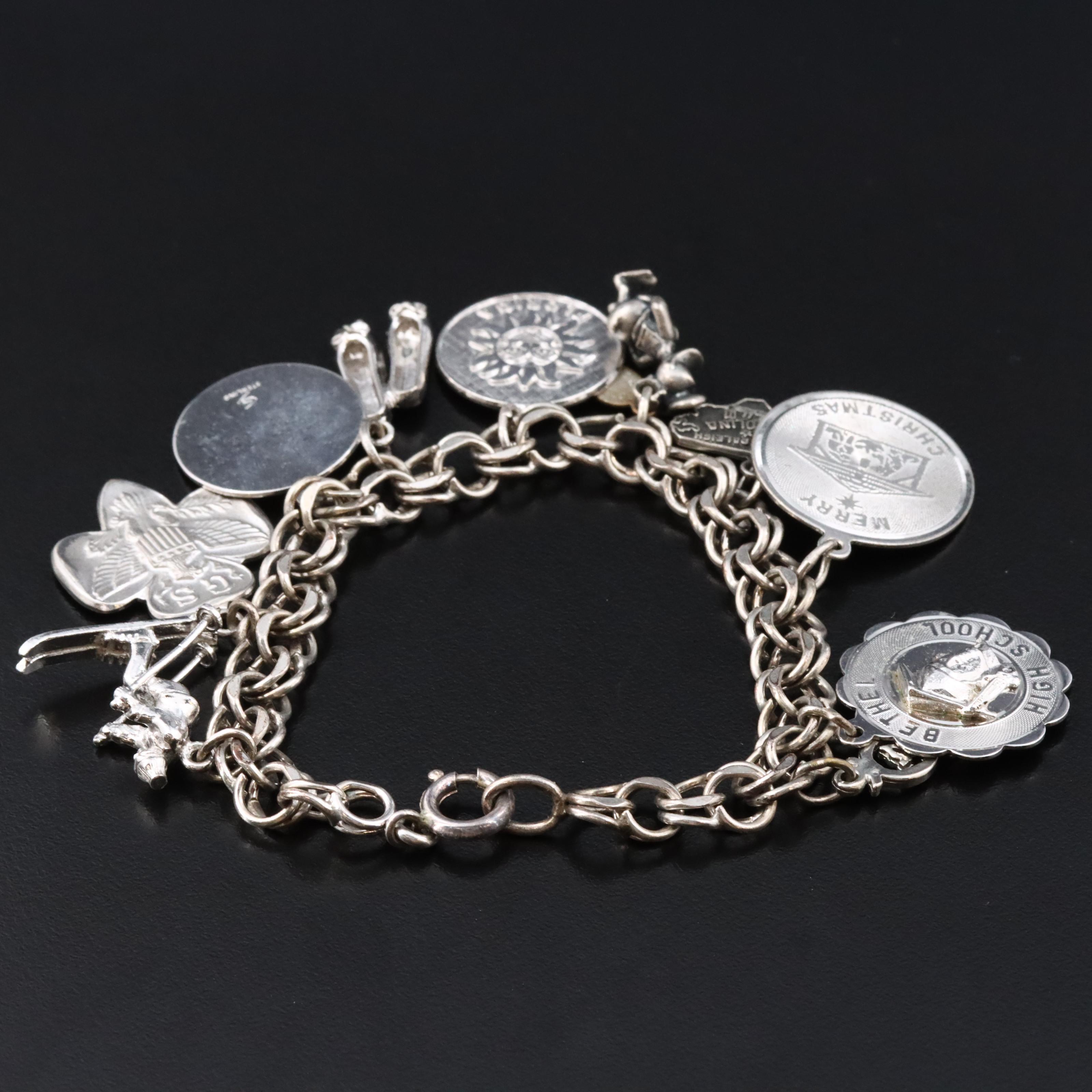 Vintage Sterling Charm Bracelet Featuring Girl Scouts and Donald Duck