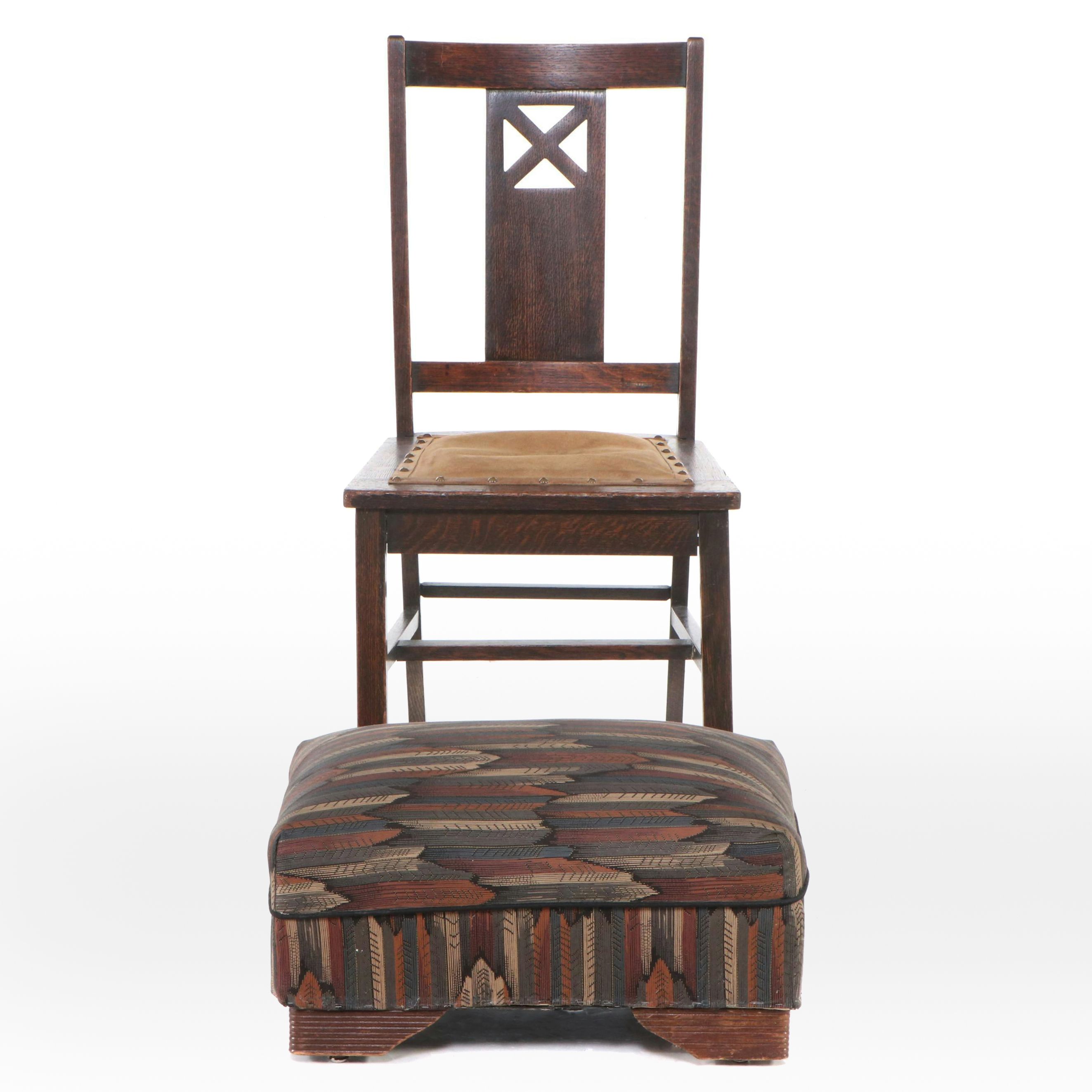 Mission Style Oak Side Chair with Upholstered Ottoman, 20th Century