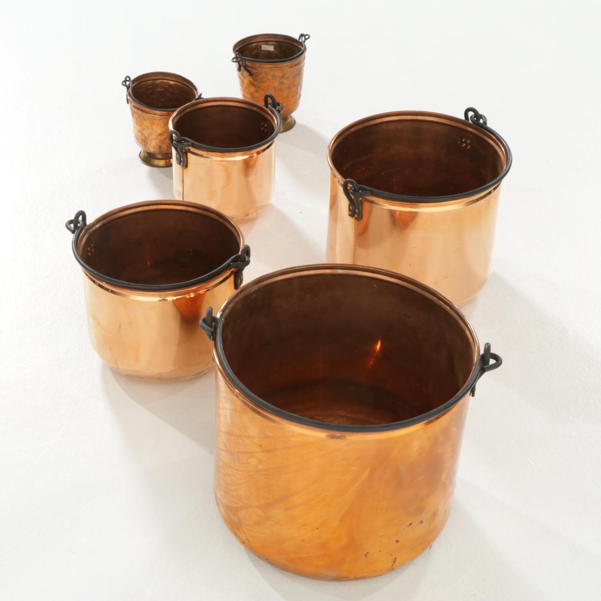Victorian Style Graduated and Footed  Copper Buckets, 20th Century
