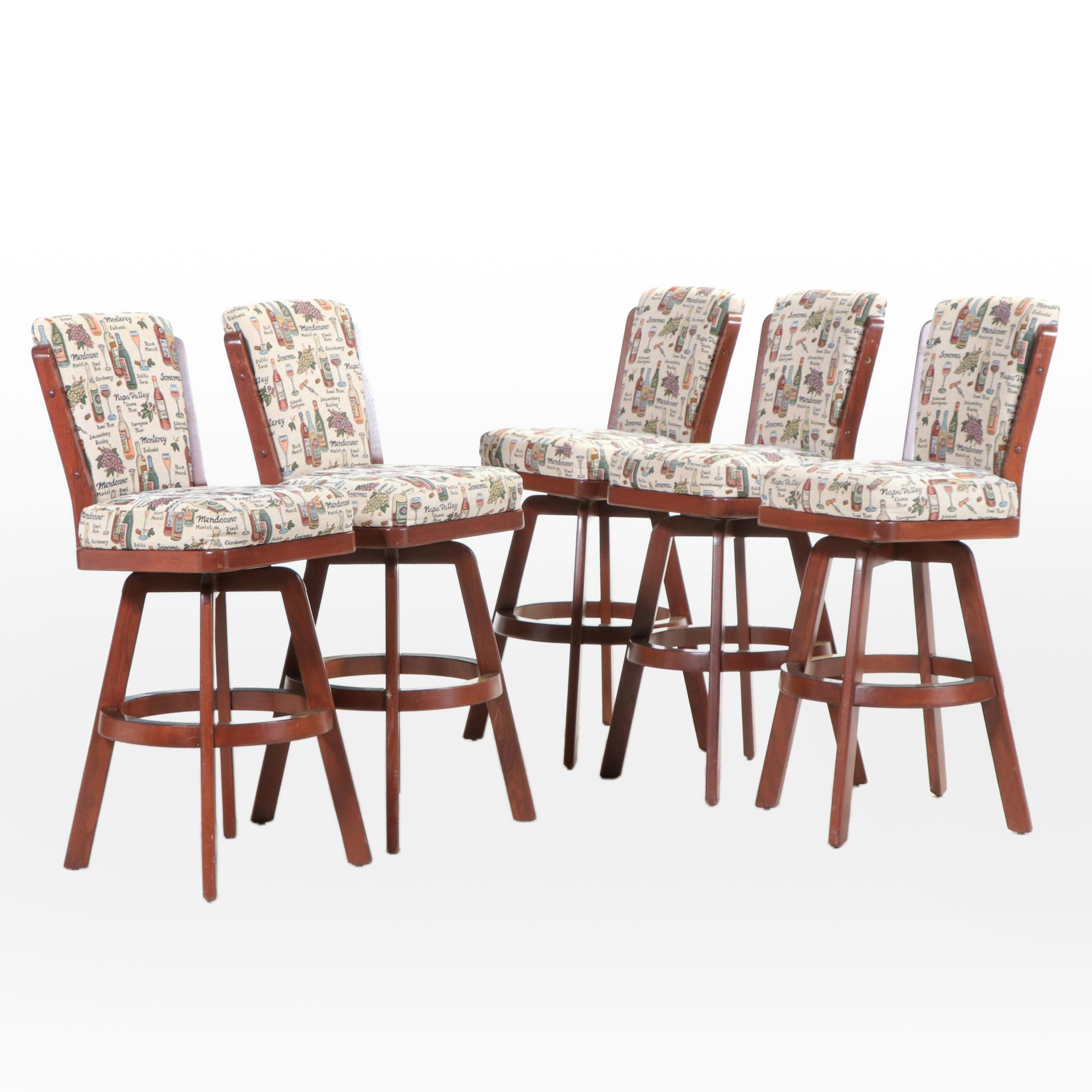 Five Cherry Finished Wood Swivel Barstools with Wine-Themed Upholstery