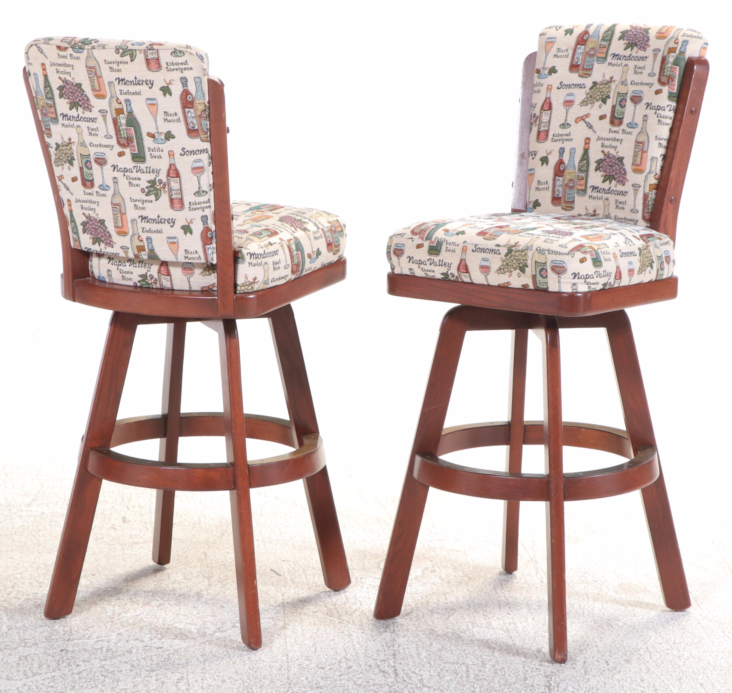 Five Cherry Finished Wood Swivel Barstools with Wine-Themed Upholstery