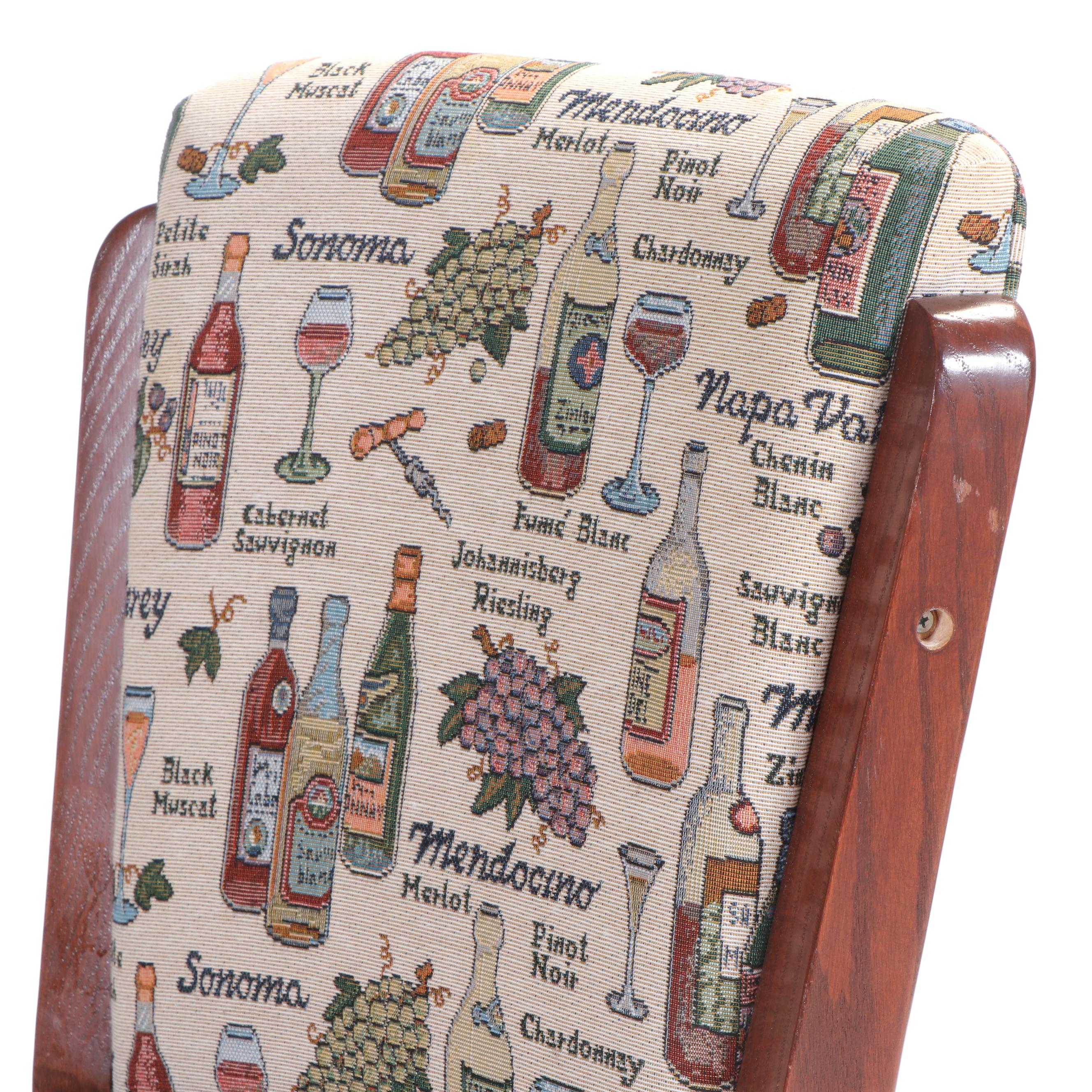 Five Cherry Finished Wood Swivel Barstools with Wine-Themed Upholstery