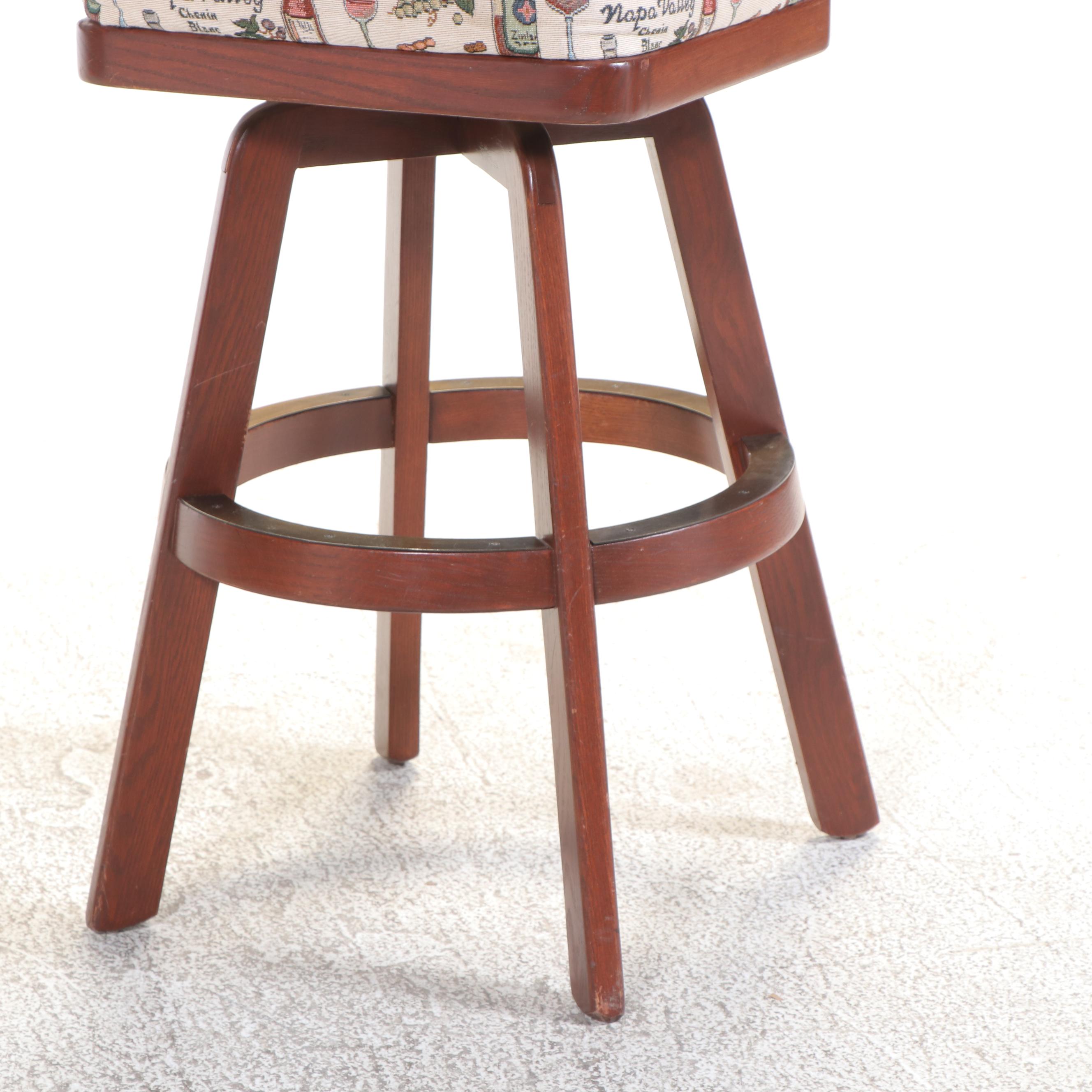 Five Cherry Finished Wood Swivel Barstools with Wine-Themed Upholstery