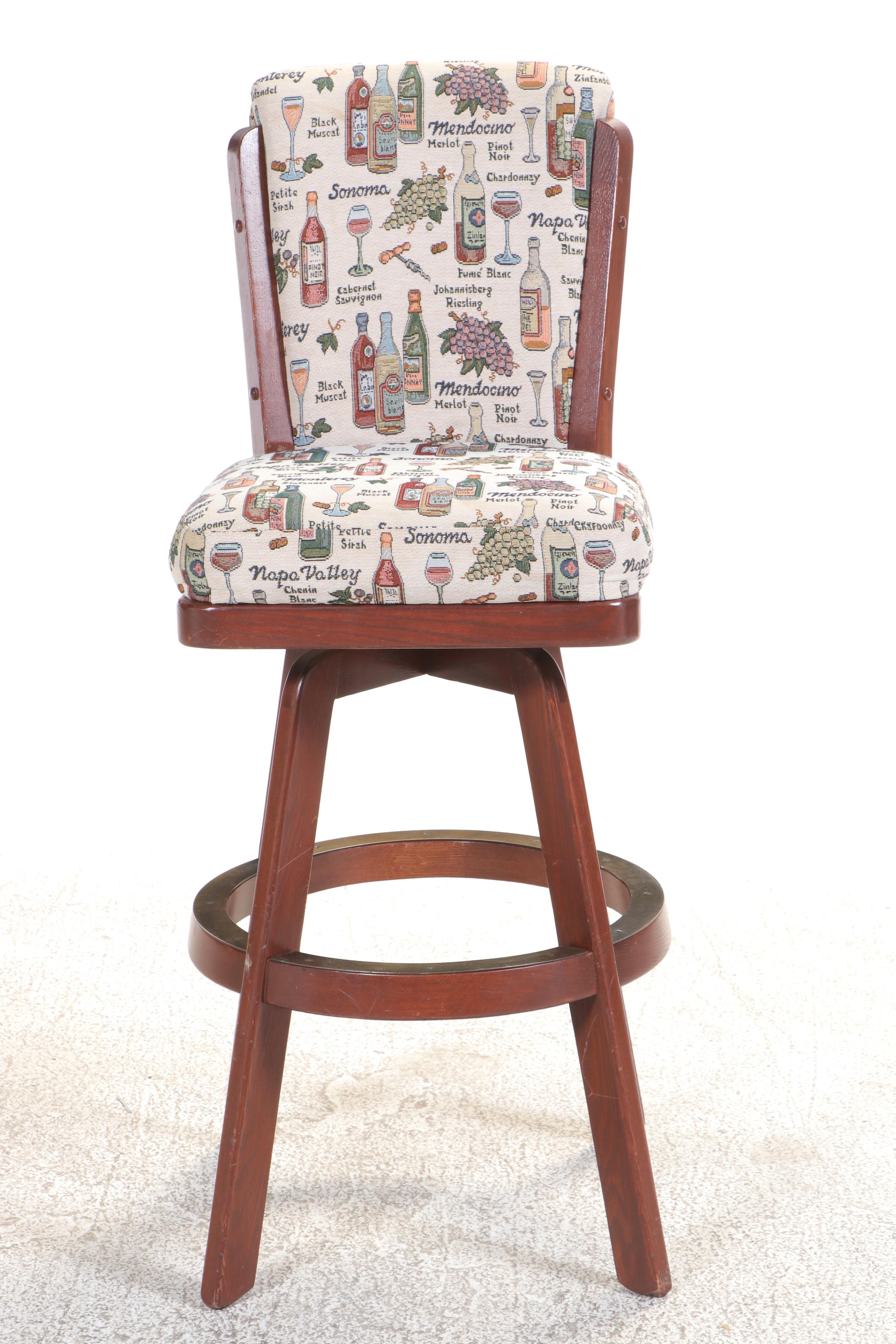 Five Cherry Finished Wood Swivel Barstools with Wine-Themed Upholstery