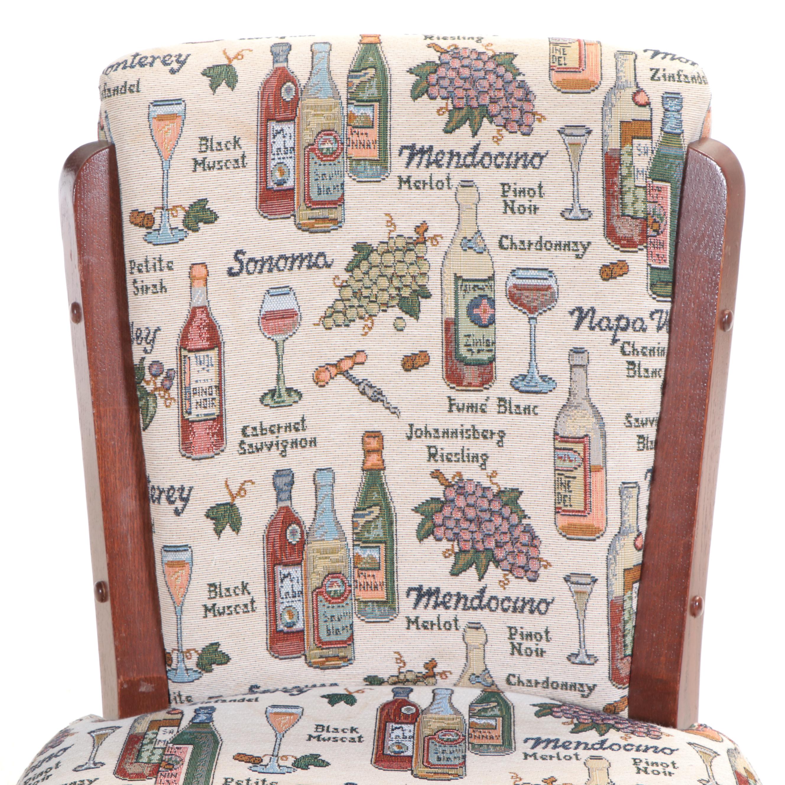 Five Cherry Finished Wood Swivel Barstools with Wine-Themed Upholstery