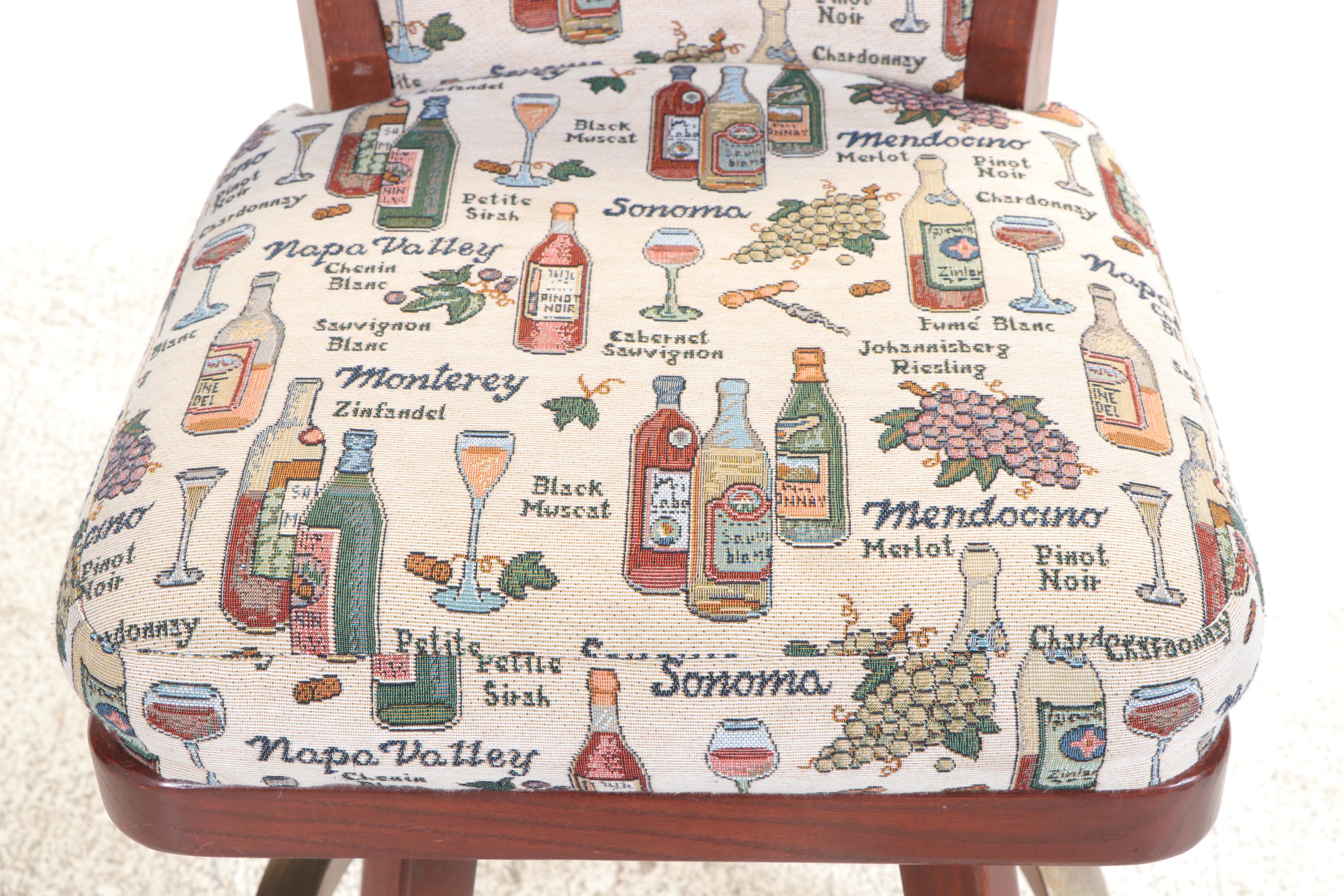 Five Cherry Finished Wood Swivel Barstools with Wine-Themed Upholstery