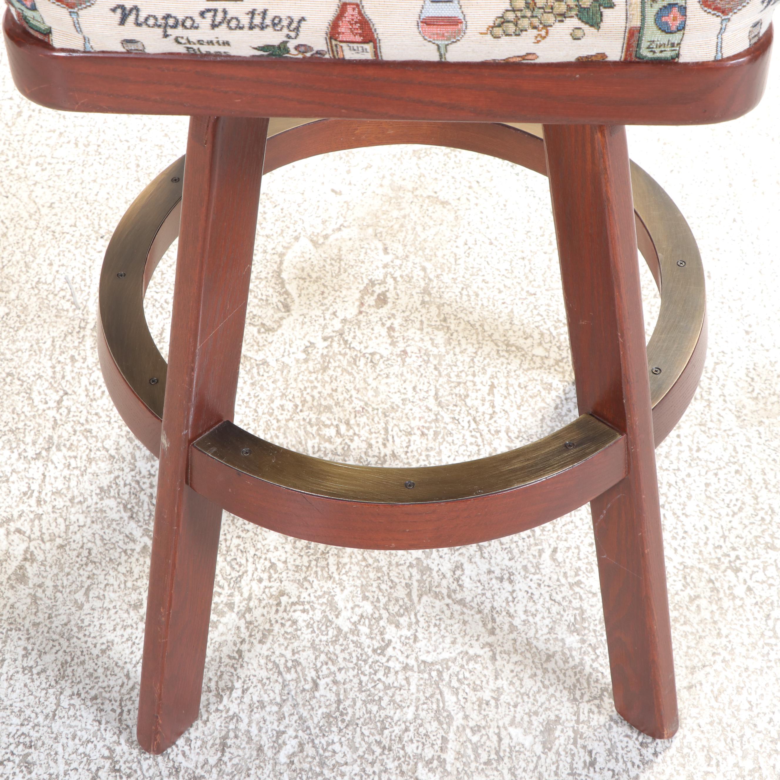 Five Cherry Finished Wood Swivel Barstools with Wine-Themed Upholstery