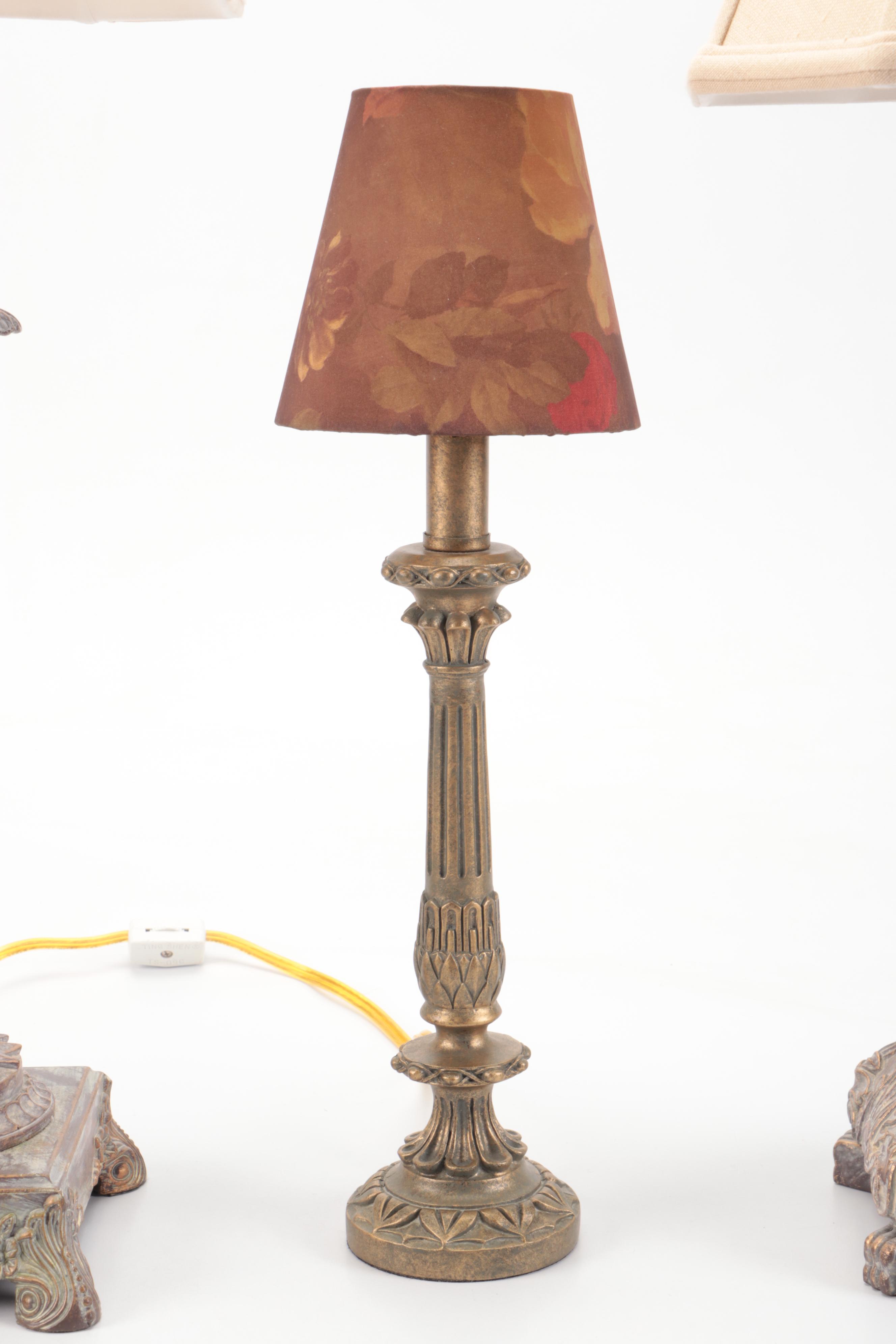 Three Distressed Wood Finish Candlestick and Baluster Table Lamps, Silk Shades