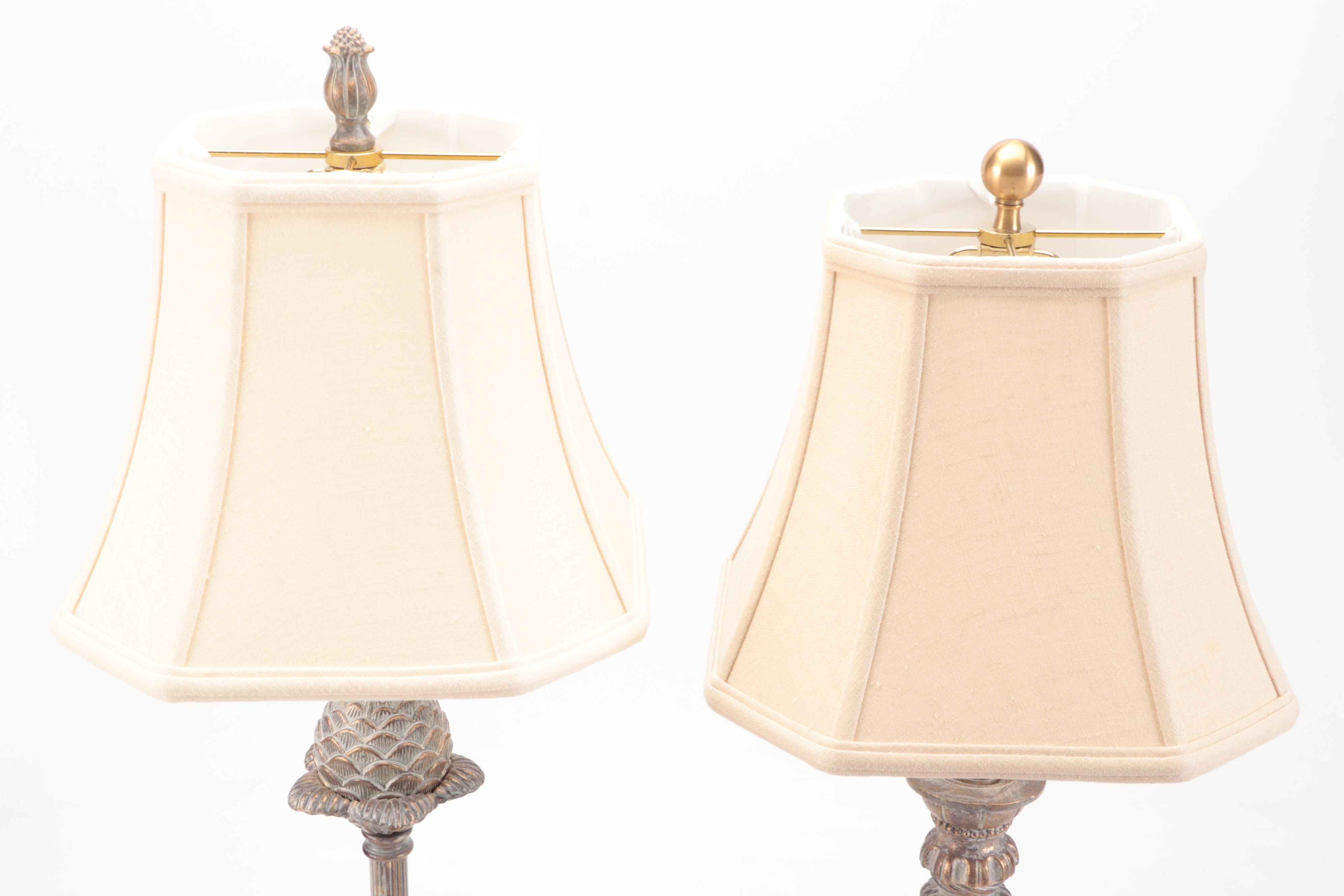 Three Distressed Wood Finish Candlestick and Baluster Table Lamps, Silk Shades