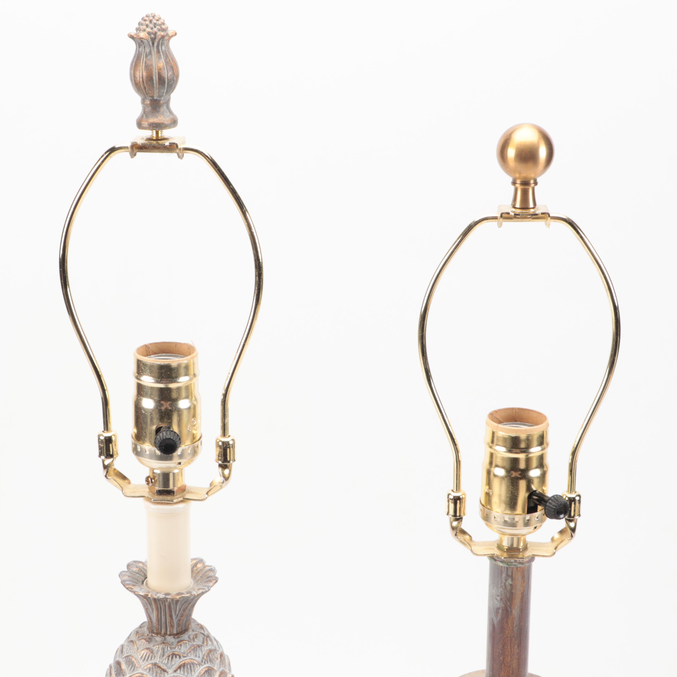 Three Distressed Wood Finish Candlestick and Baluster Table Lamps, Silk Shades