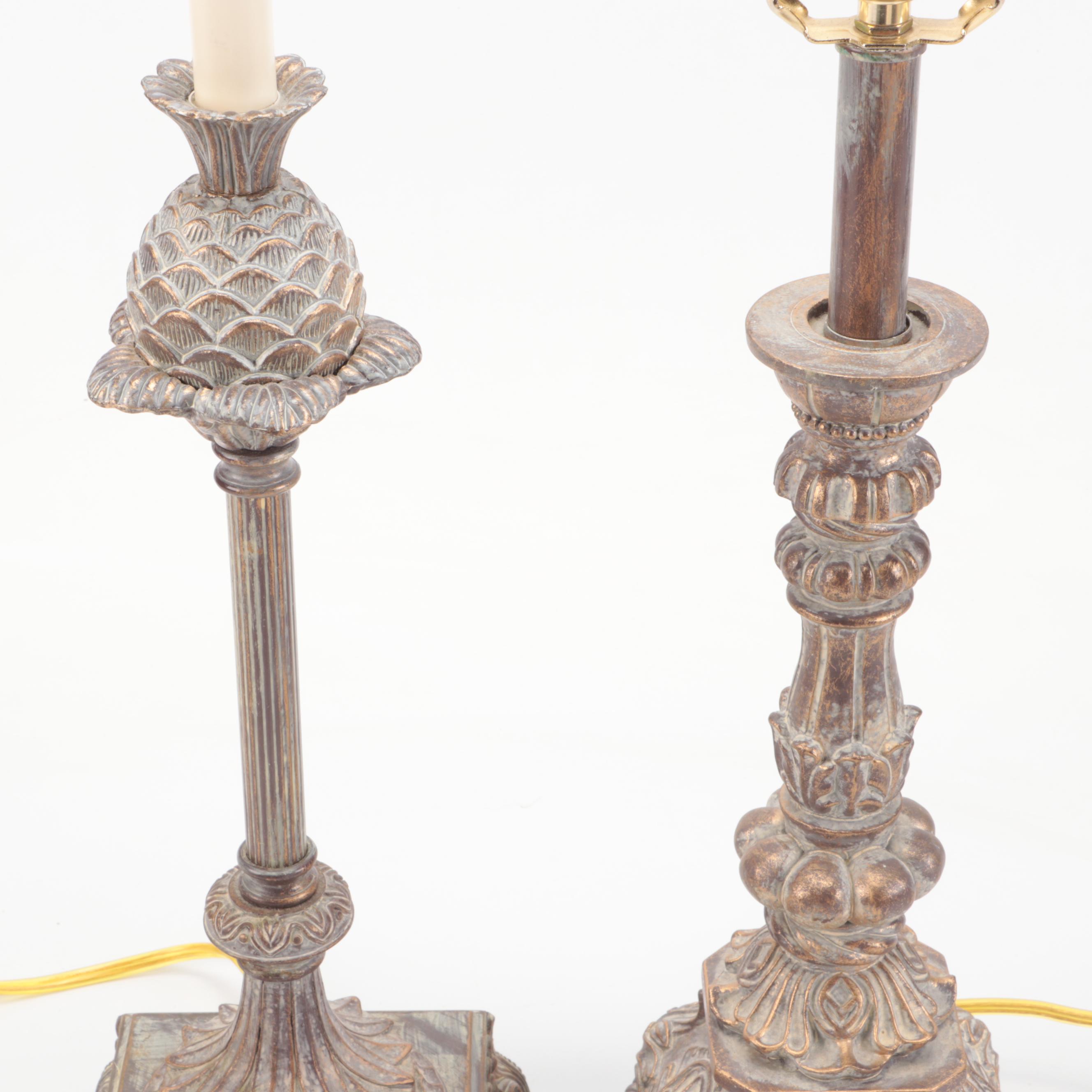 Three Distressed Wood Finish Candlestick and Baluster Table Lamps, Silk Shades
