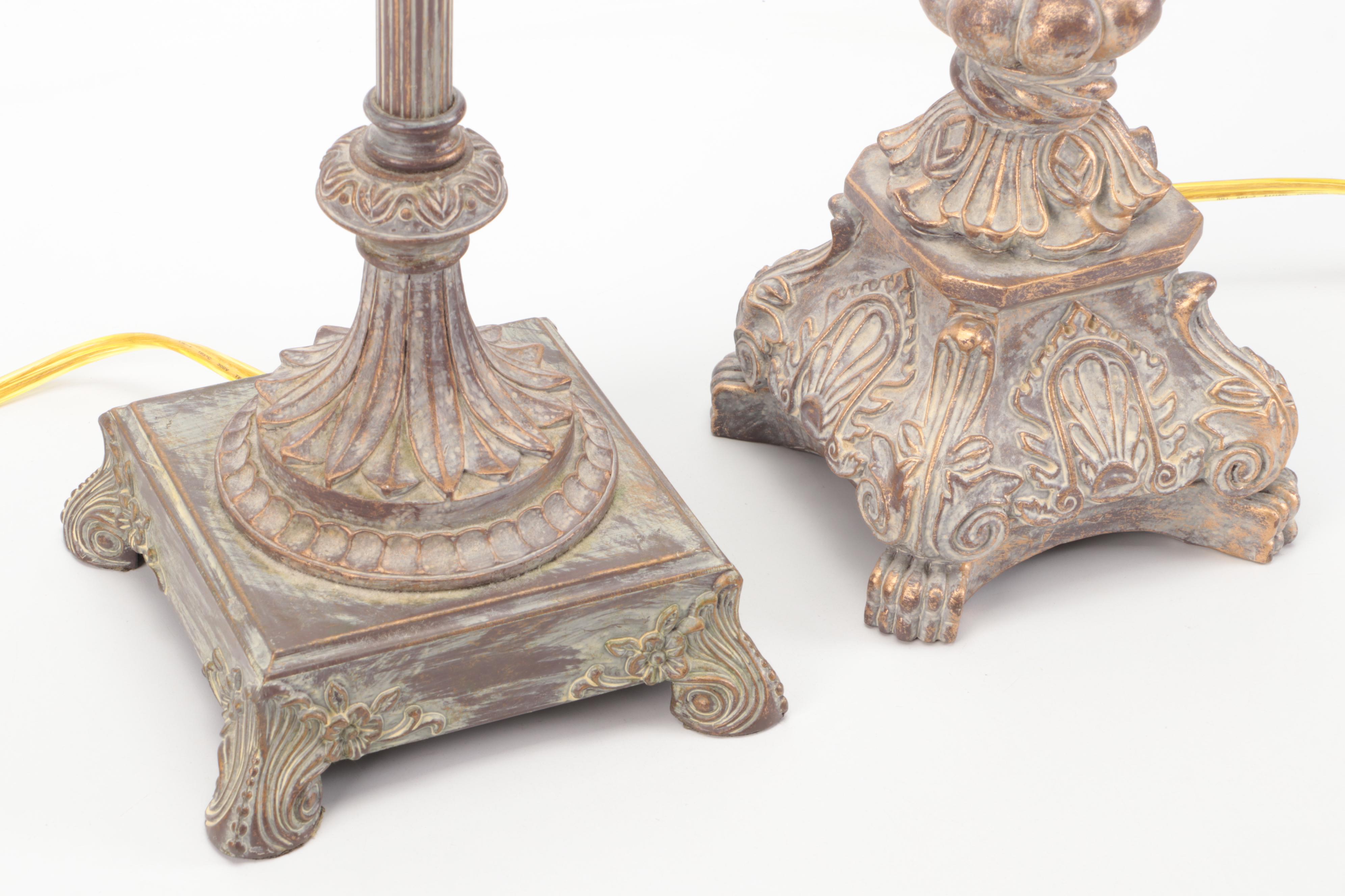 Three Distressed Wood Finish Candlestick and Baluster Table Lamps, Silk Shades