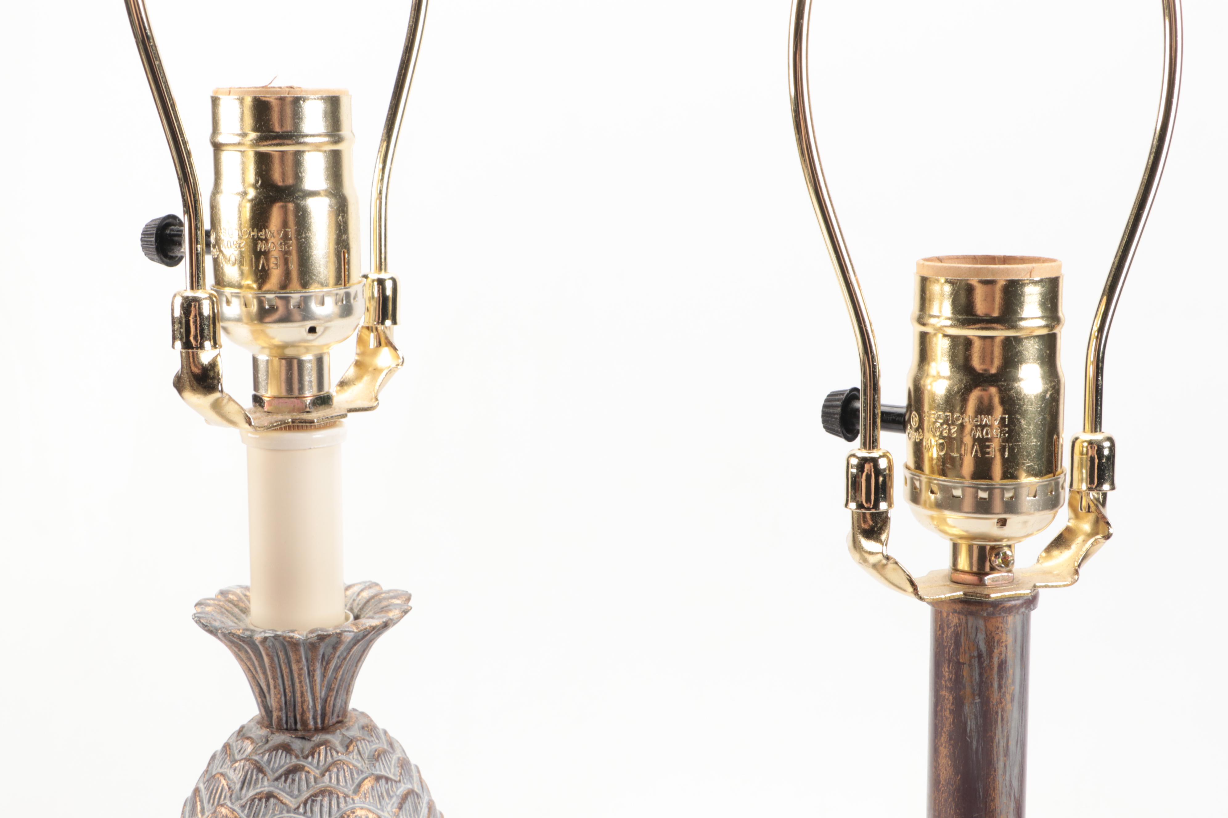 Three Distressed Wood Finish Candlestick and Baluster Table Lamps, Silk Shades