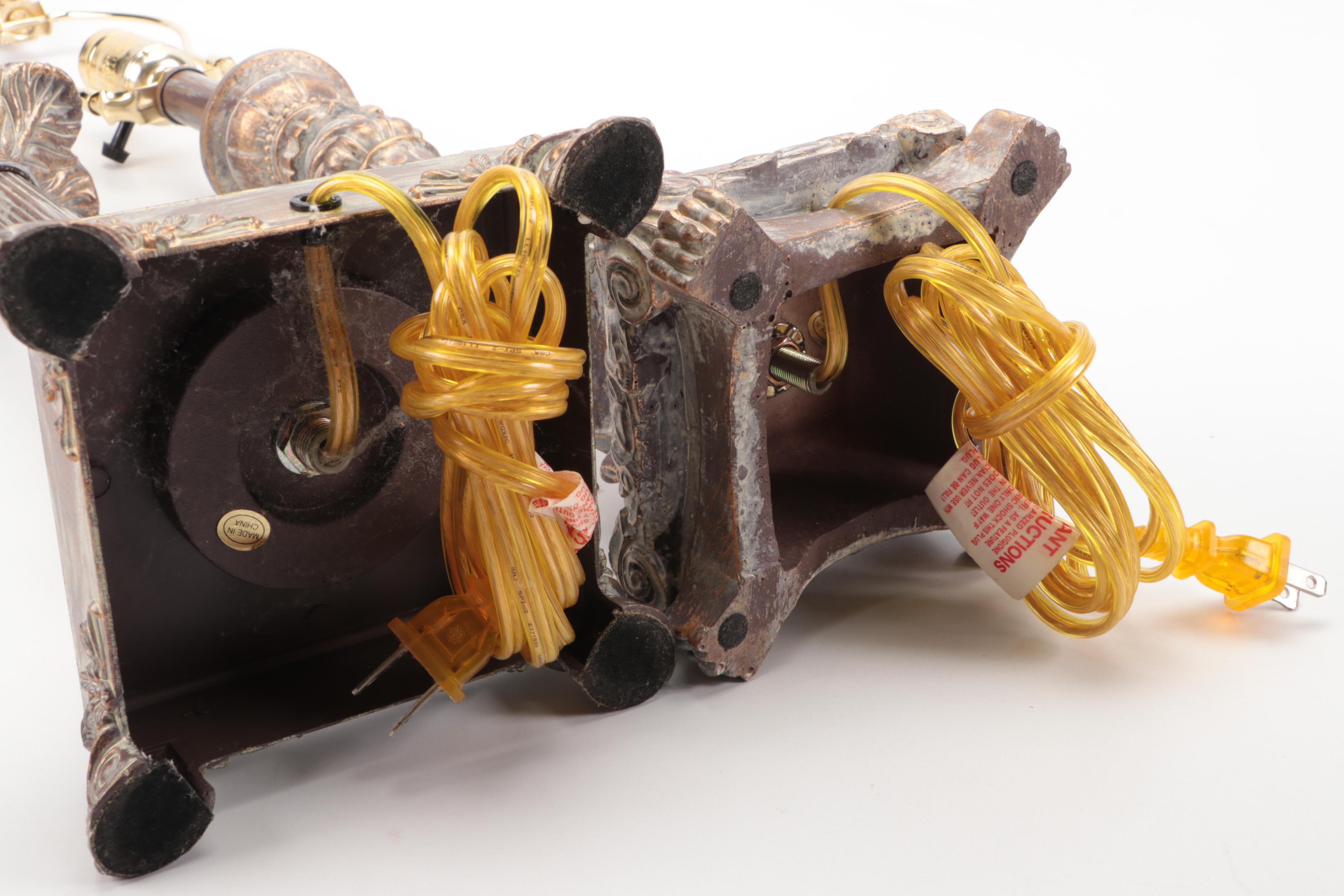 Three Distressed Wood Finish Candlestick and Baluster Table Lamps, Silk Shades