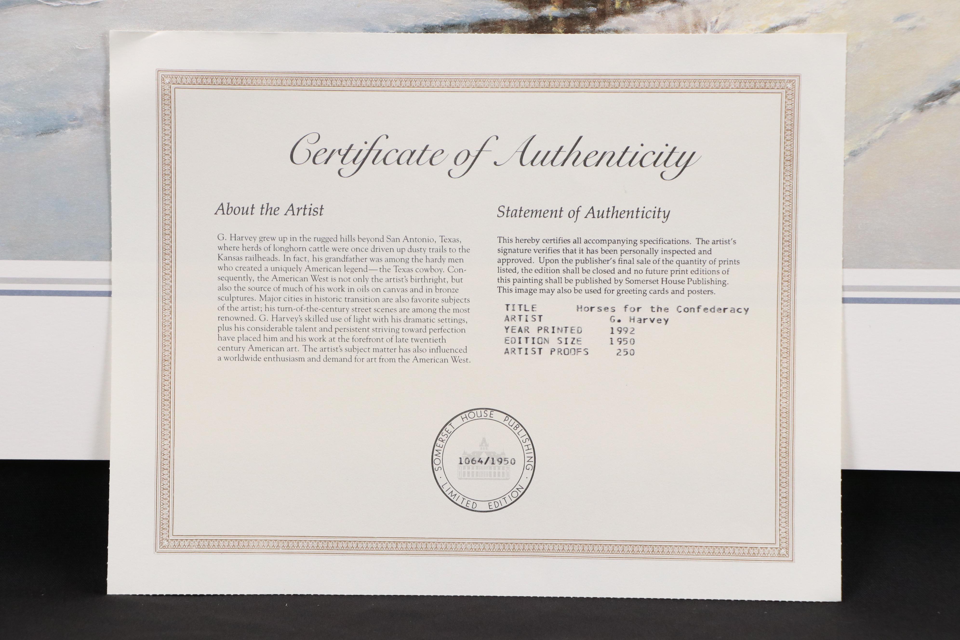 G. Harvey Civil War Offset Lithograph "Horses for the Confederacy," 1992