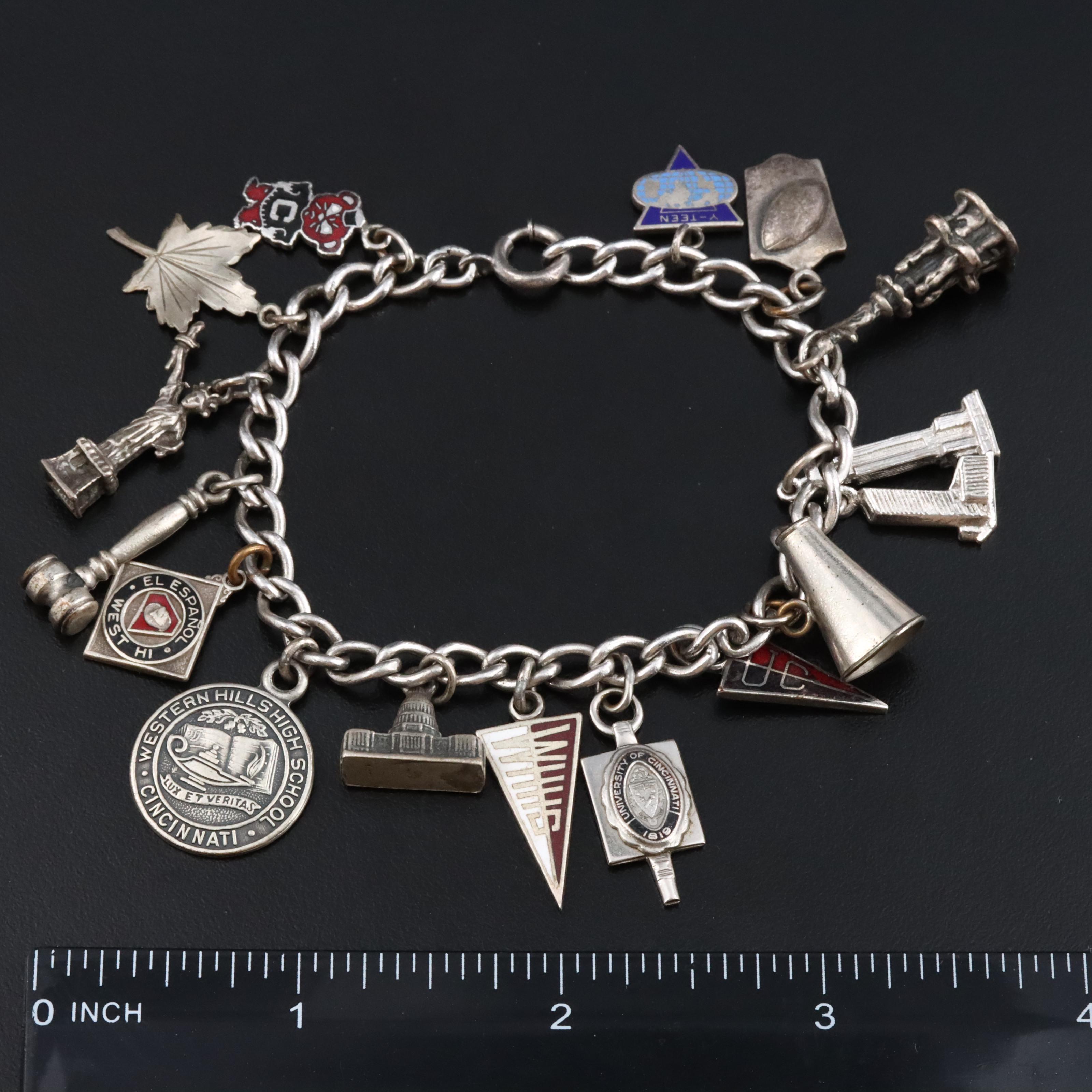 Vintage Charm Bracelet Featuring Sterling, Cincinnati and Travel Charms